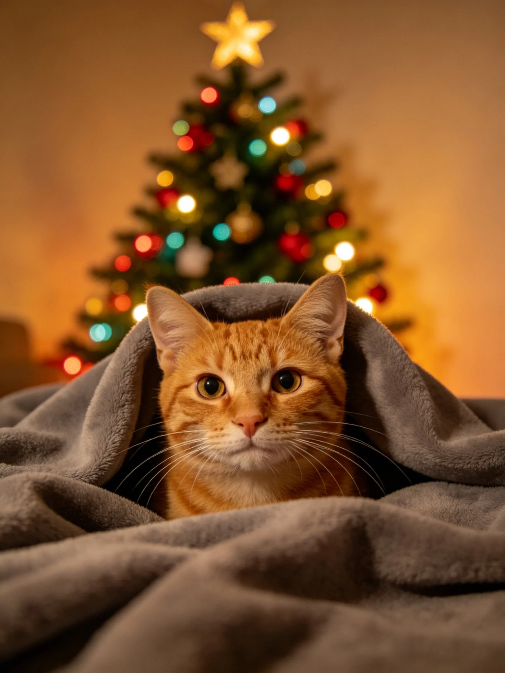 An orange cat under a gray blanket near a lit Christmas tree