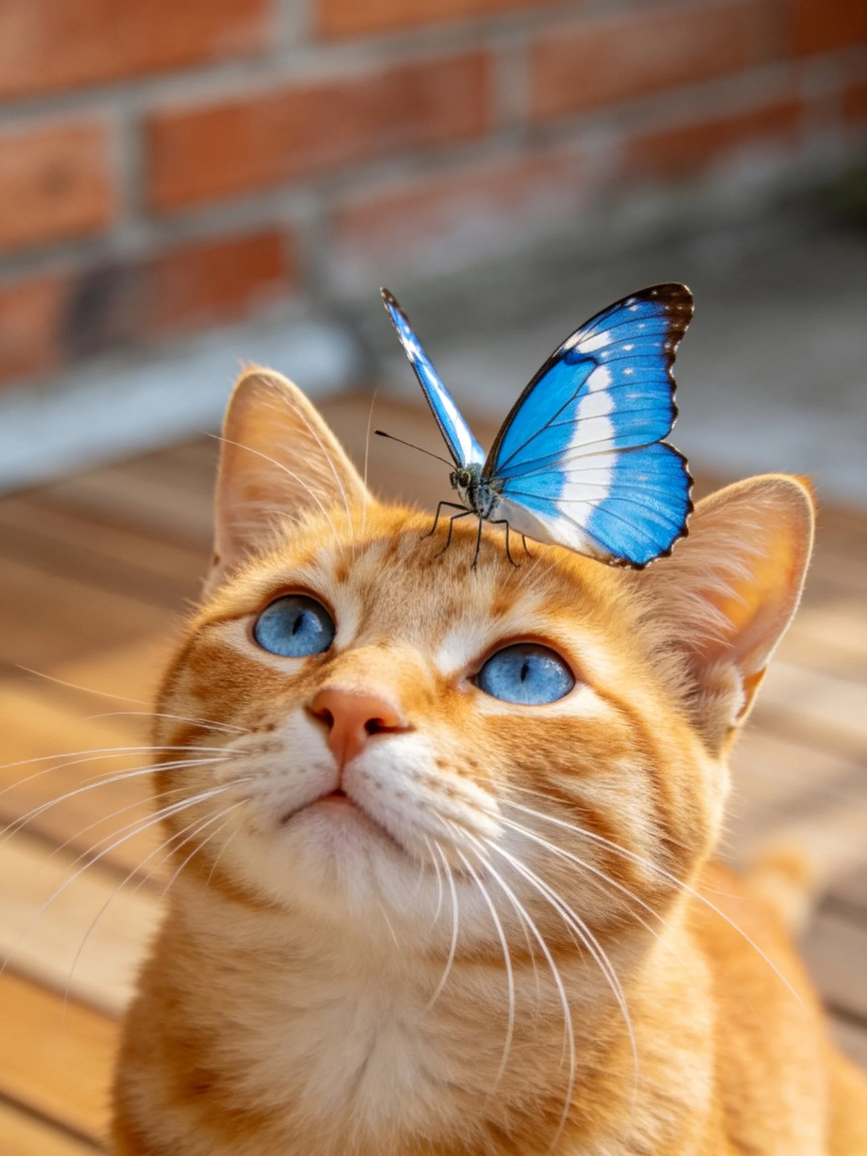 An orange cat with blue eyes peacefully coexists with a blue butterfly on its head.
