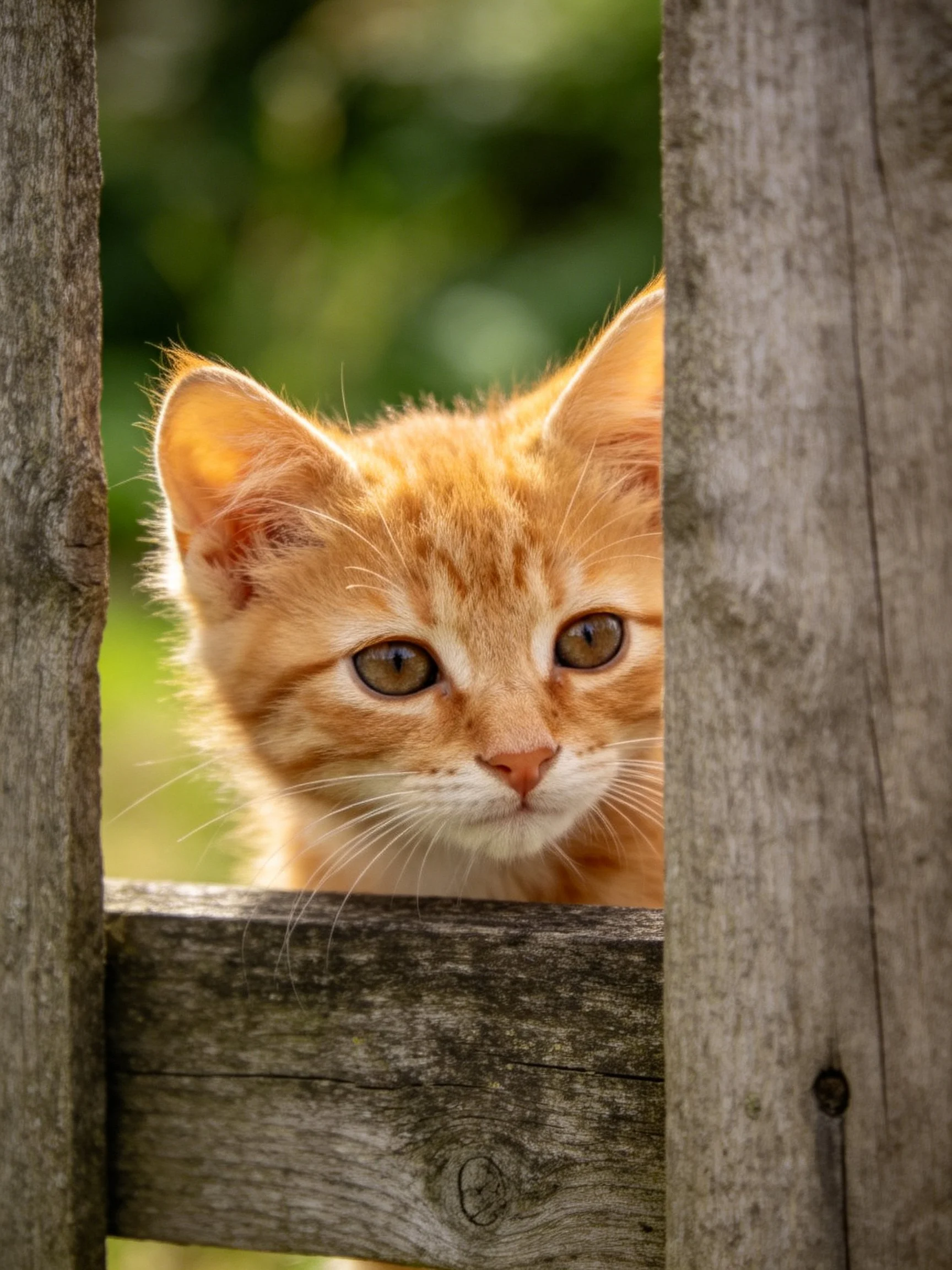 An orange kitten peeks through wooden fence posts in a green outdoor setting.