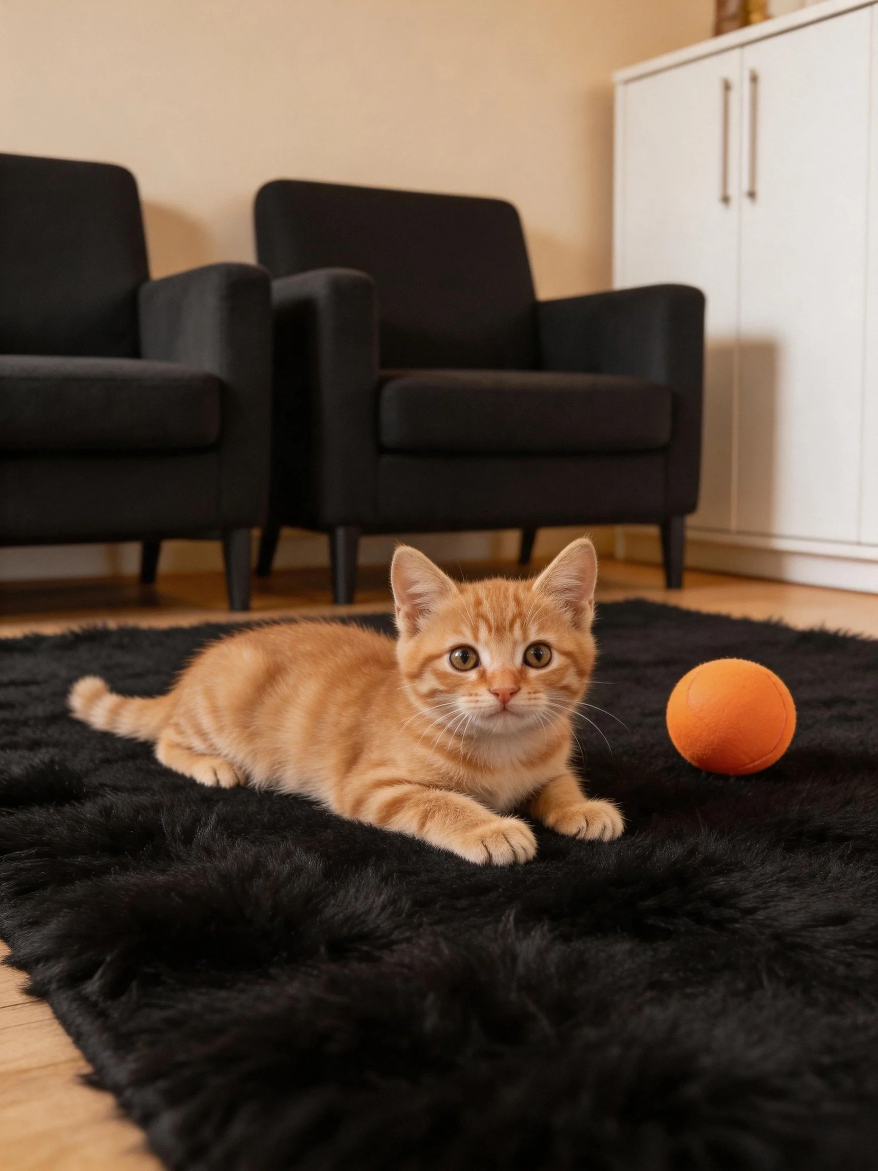 An orange kitten rests on a black rug near an orange ball and black armchairs