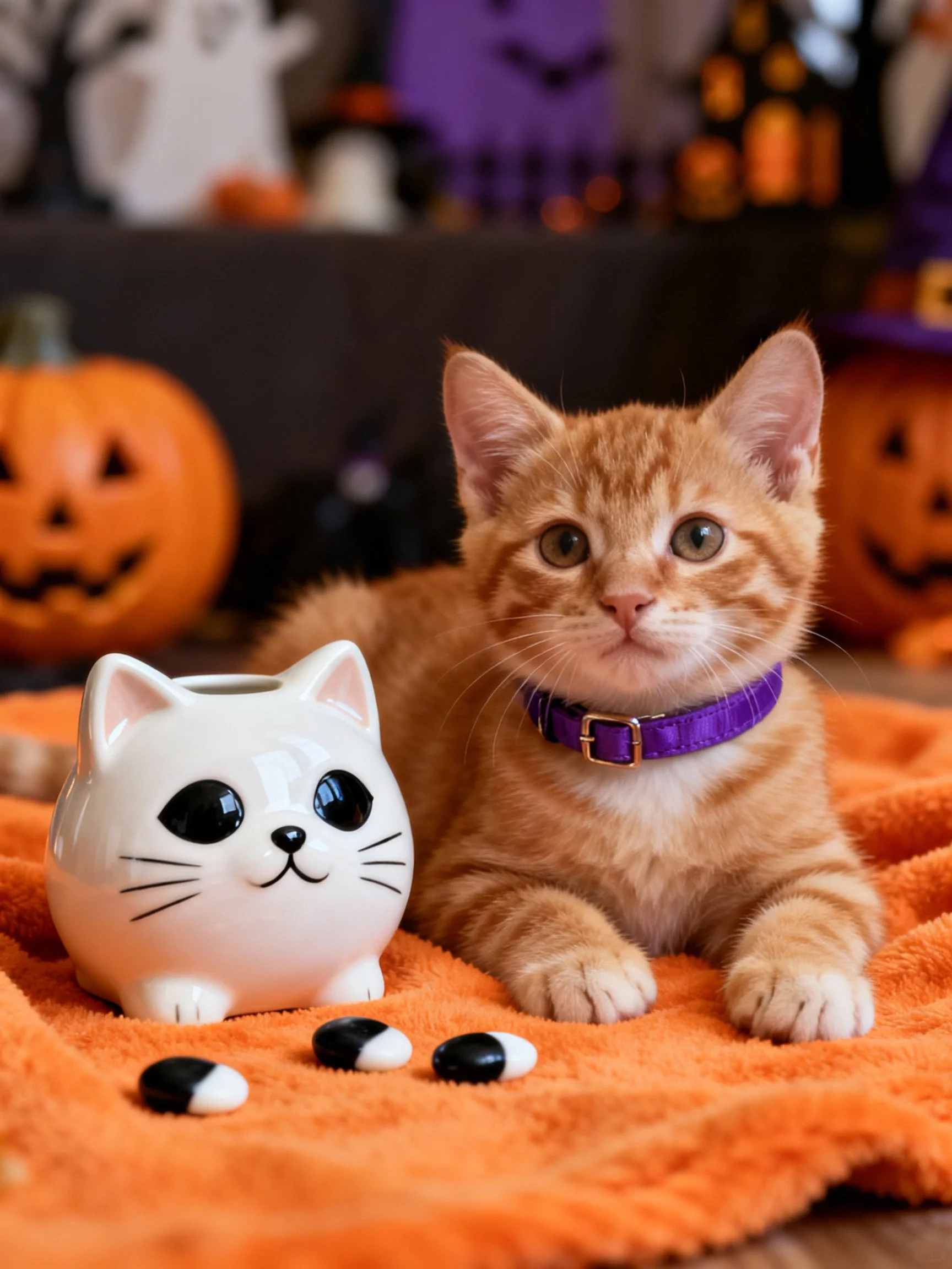 An orange kitten is near a white cat figurine with Halloween decorations.