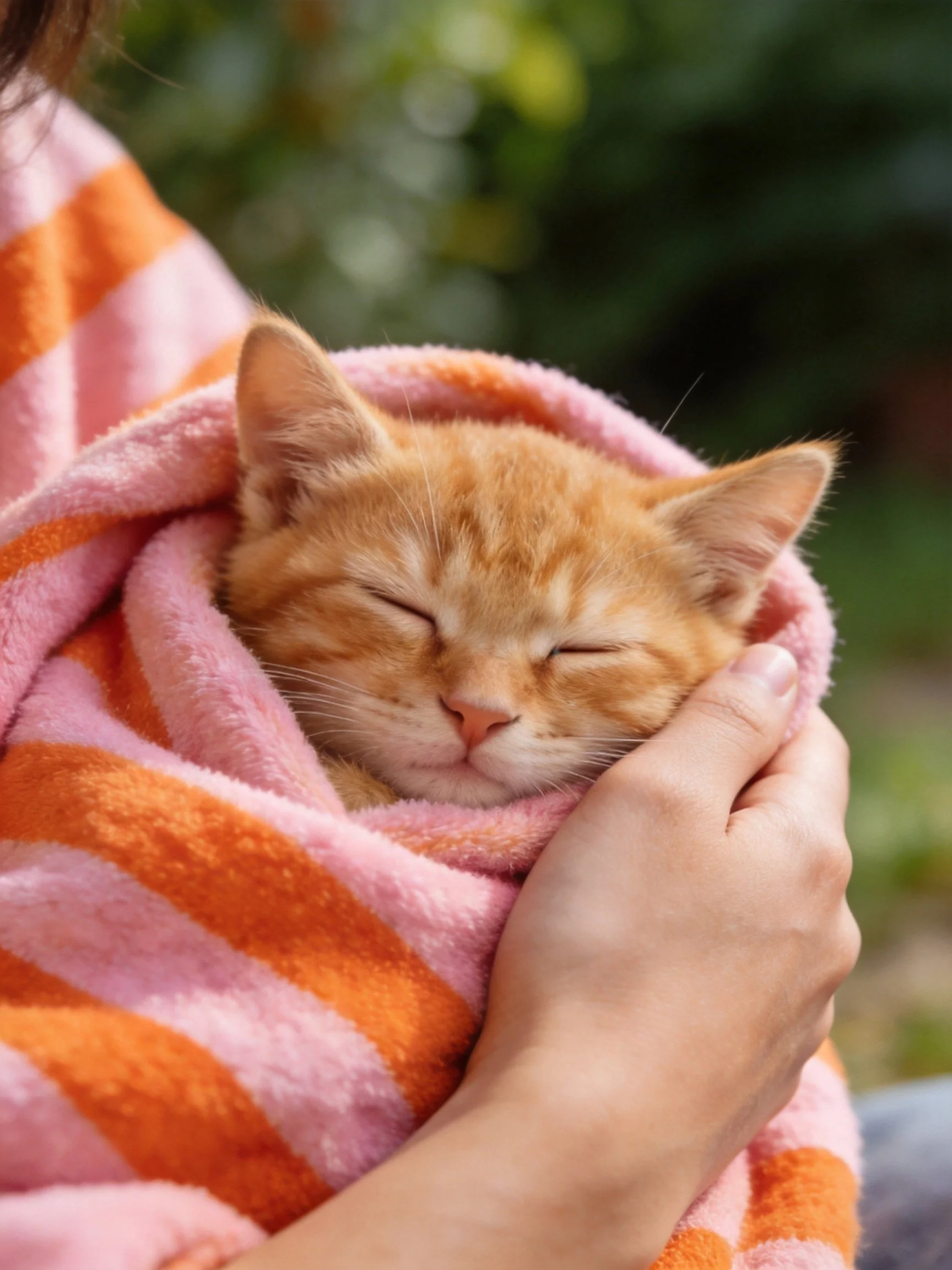 An orange kitten sleeps wrapped in pink and orange striped fabric