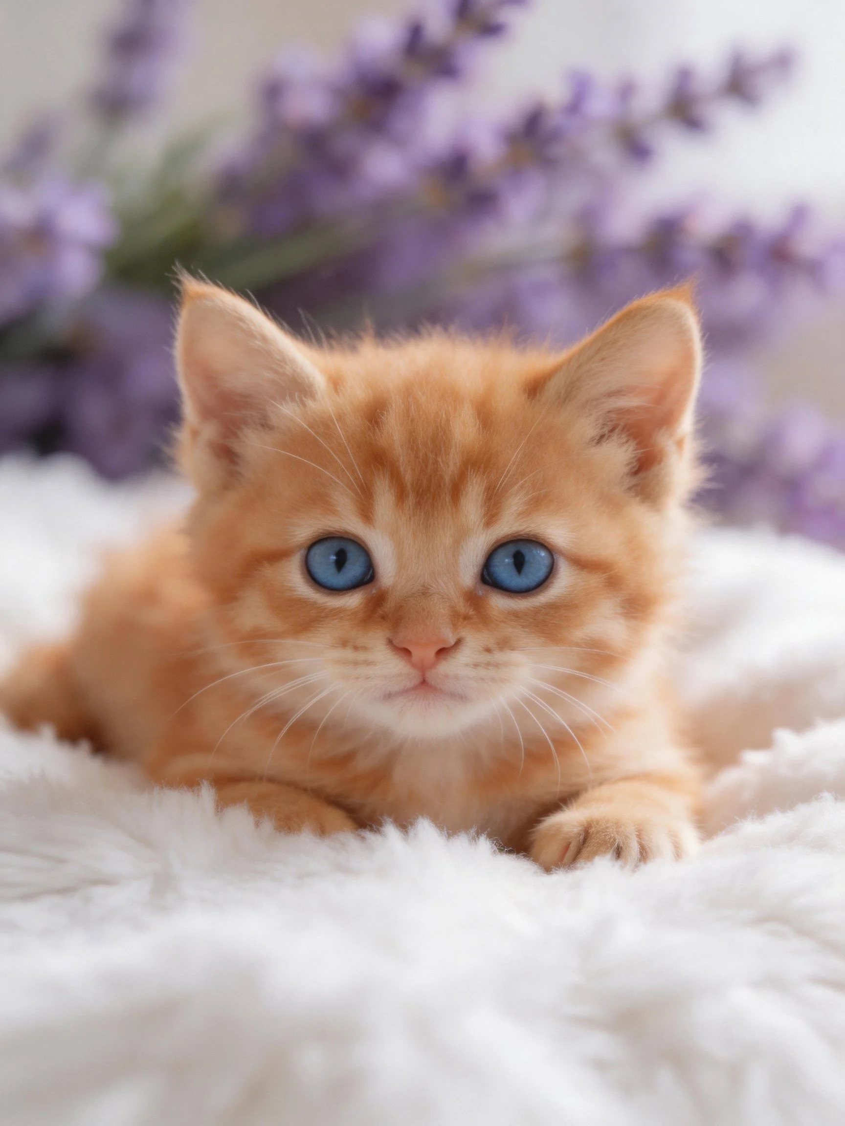 An orange kitten with blue eyes lies on a soft white surface near purple flowers.