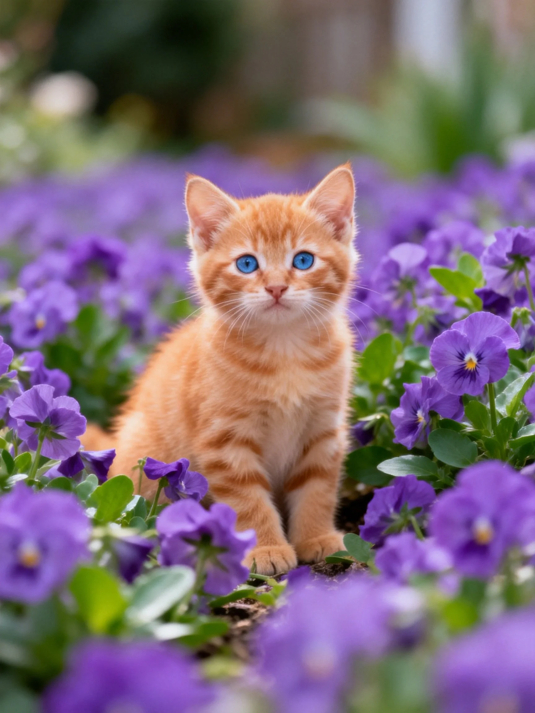An orange kitten with blue eyes sits among purple flowers in a garden