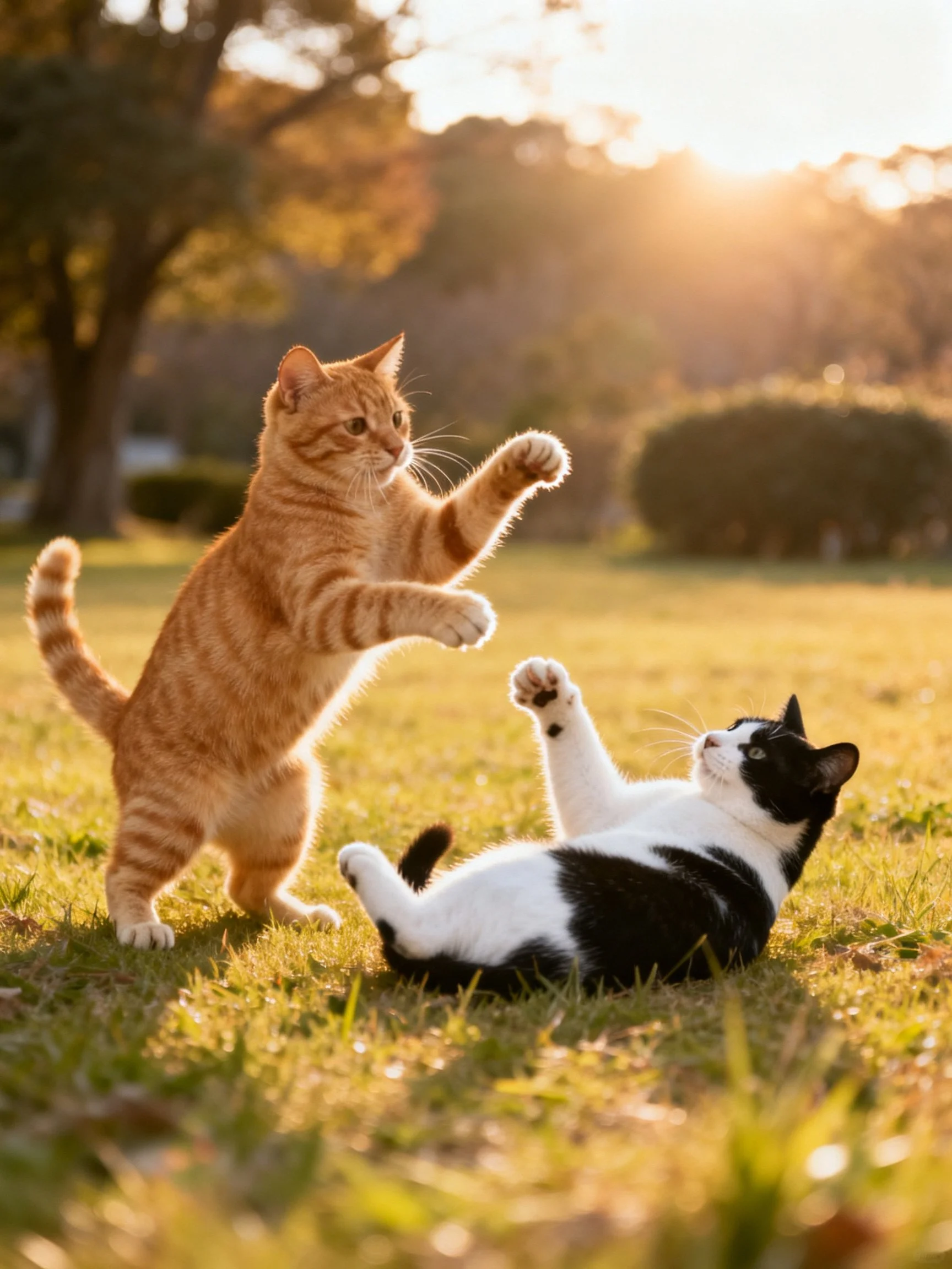 Two cats—one orange tabby, one black and white—play together in a sunlit outdoor area.