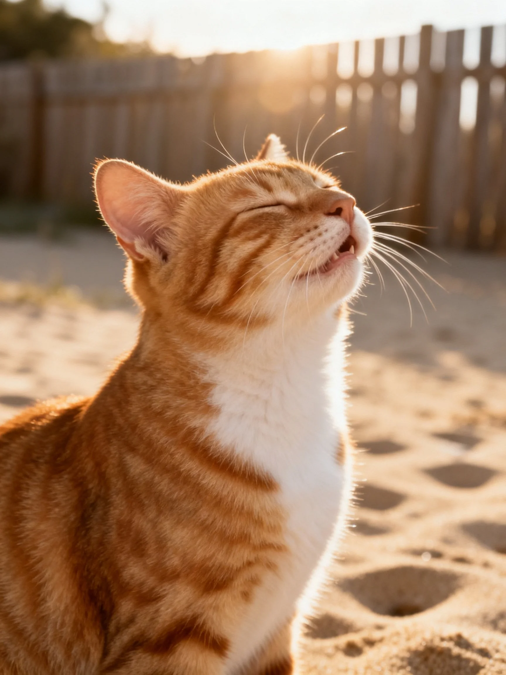 An orange tabby cat relaxes in golden sunlight beside a wooden fence