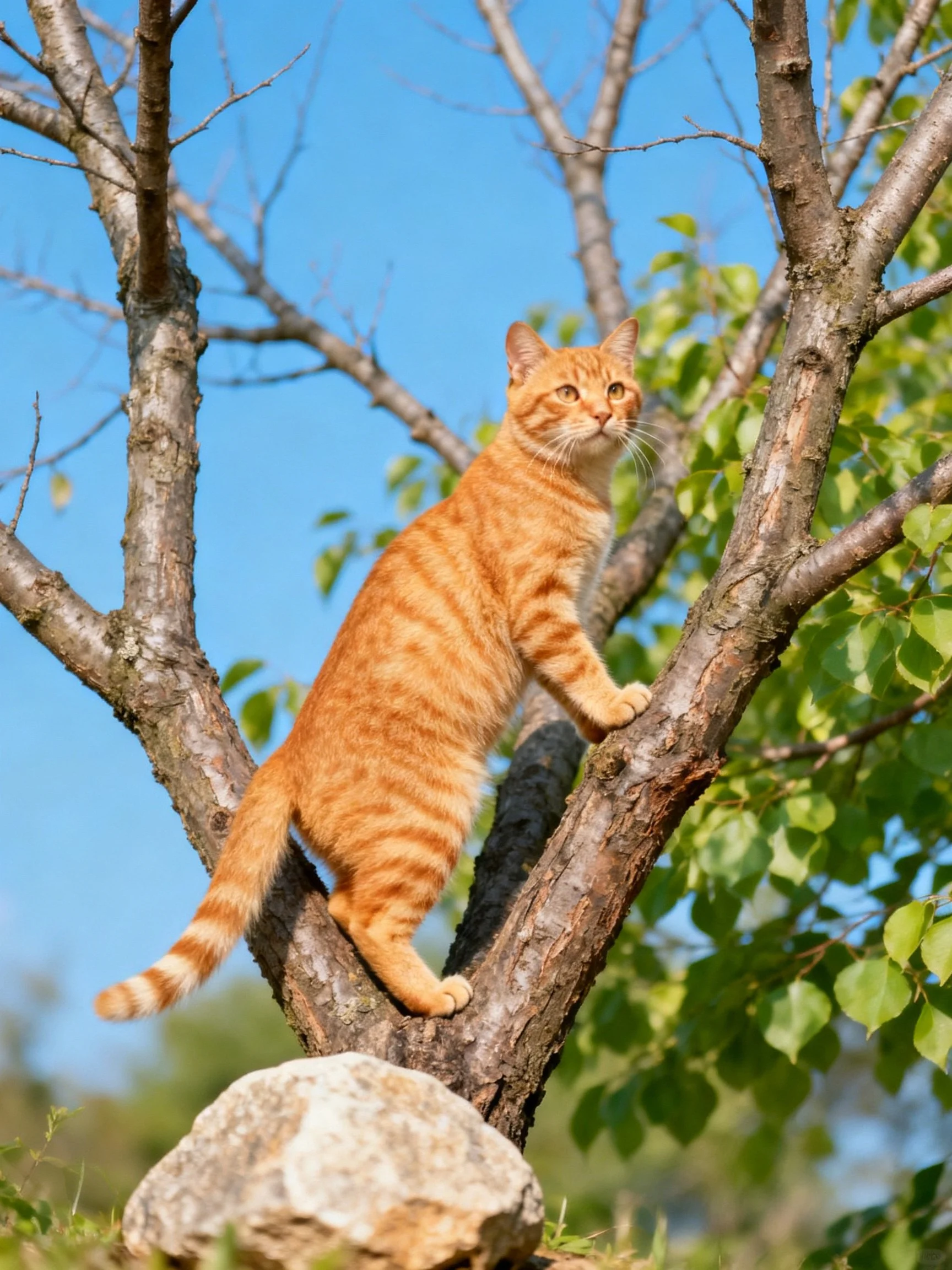 An orange tabby cat climbing a leafy tree branch