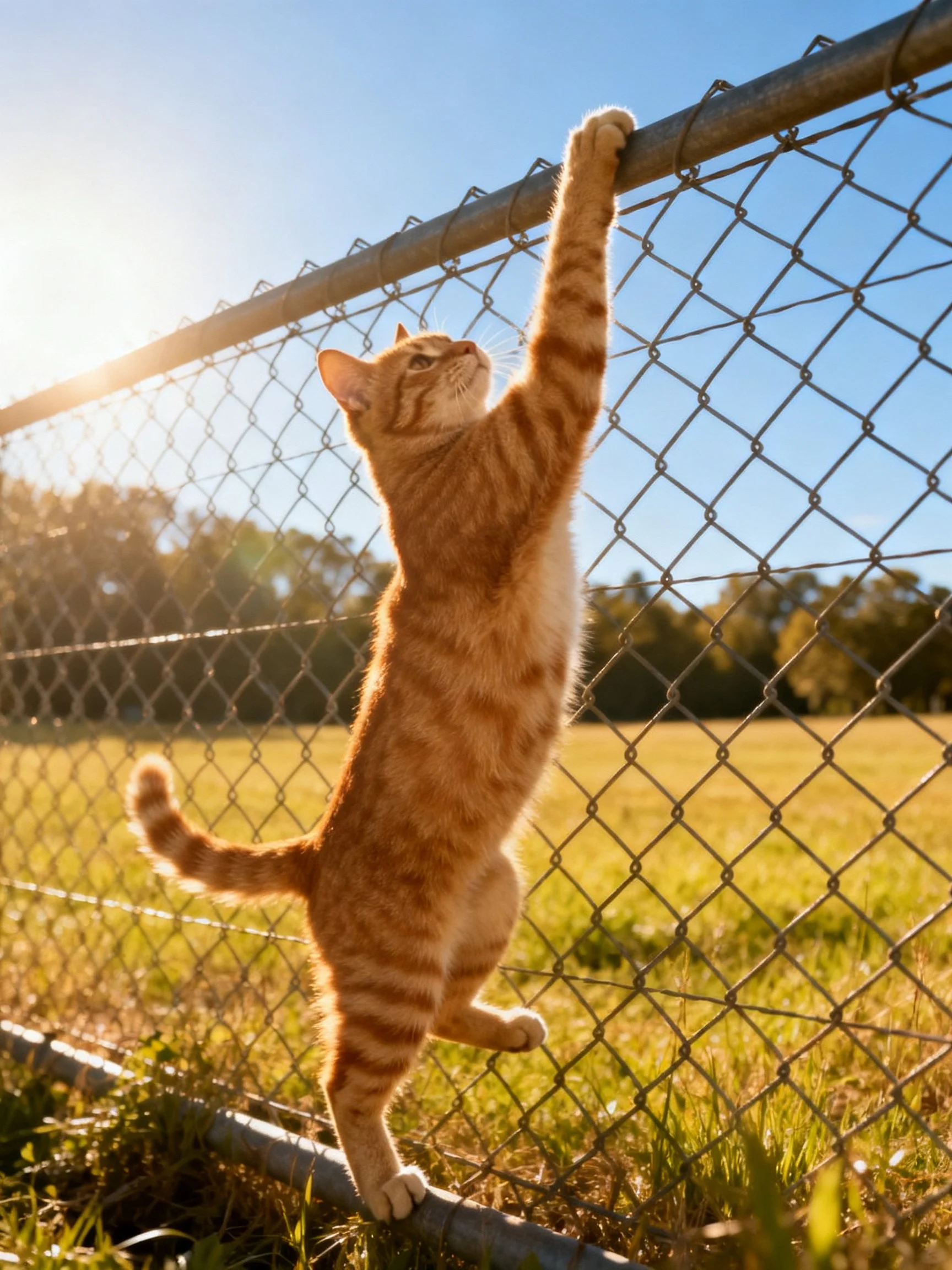 An orange tabby cat climbs a chain-link fence in sunny light
