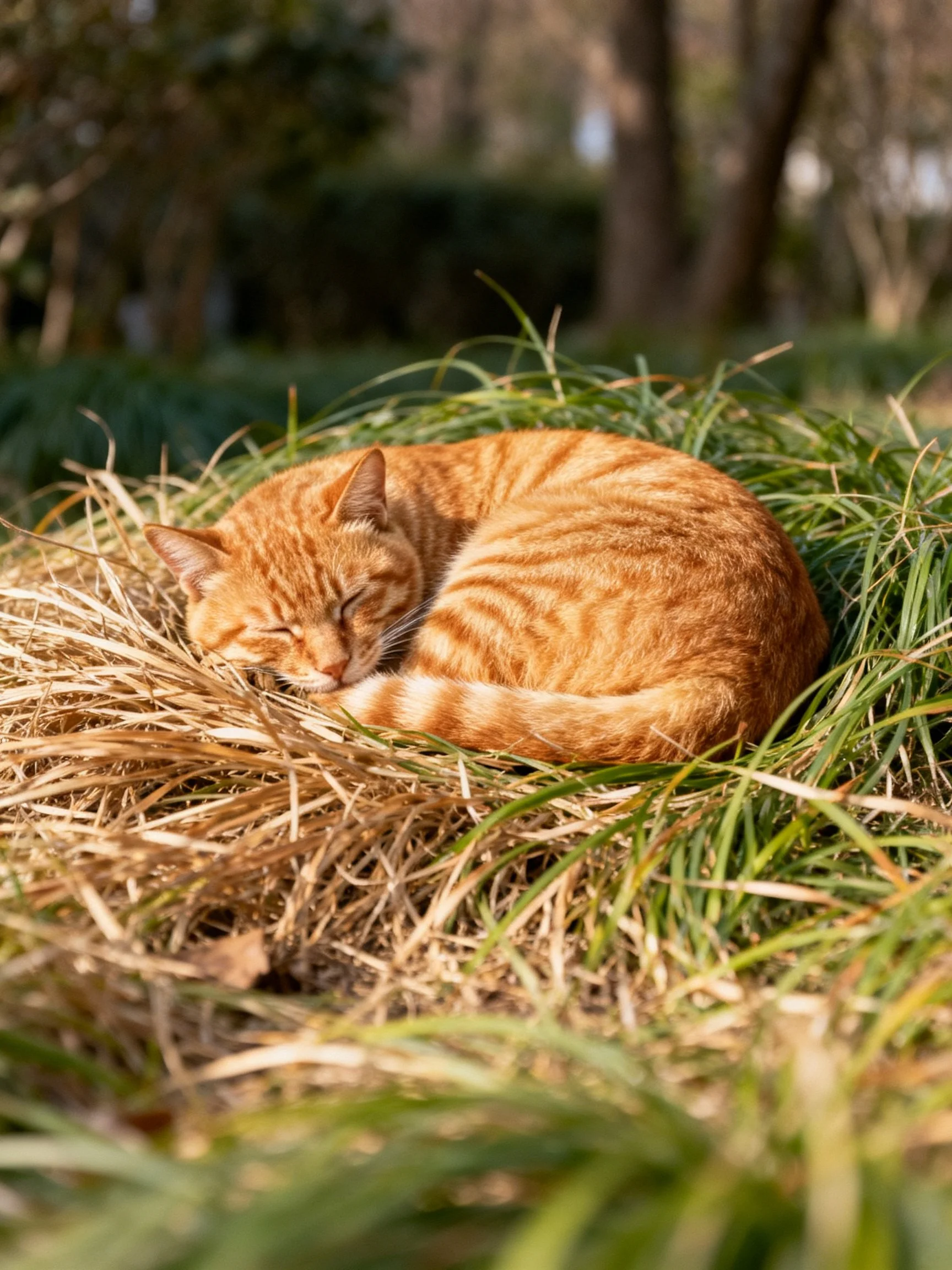 An orange tabby cat curled in mixed green and golden grass