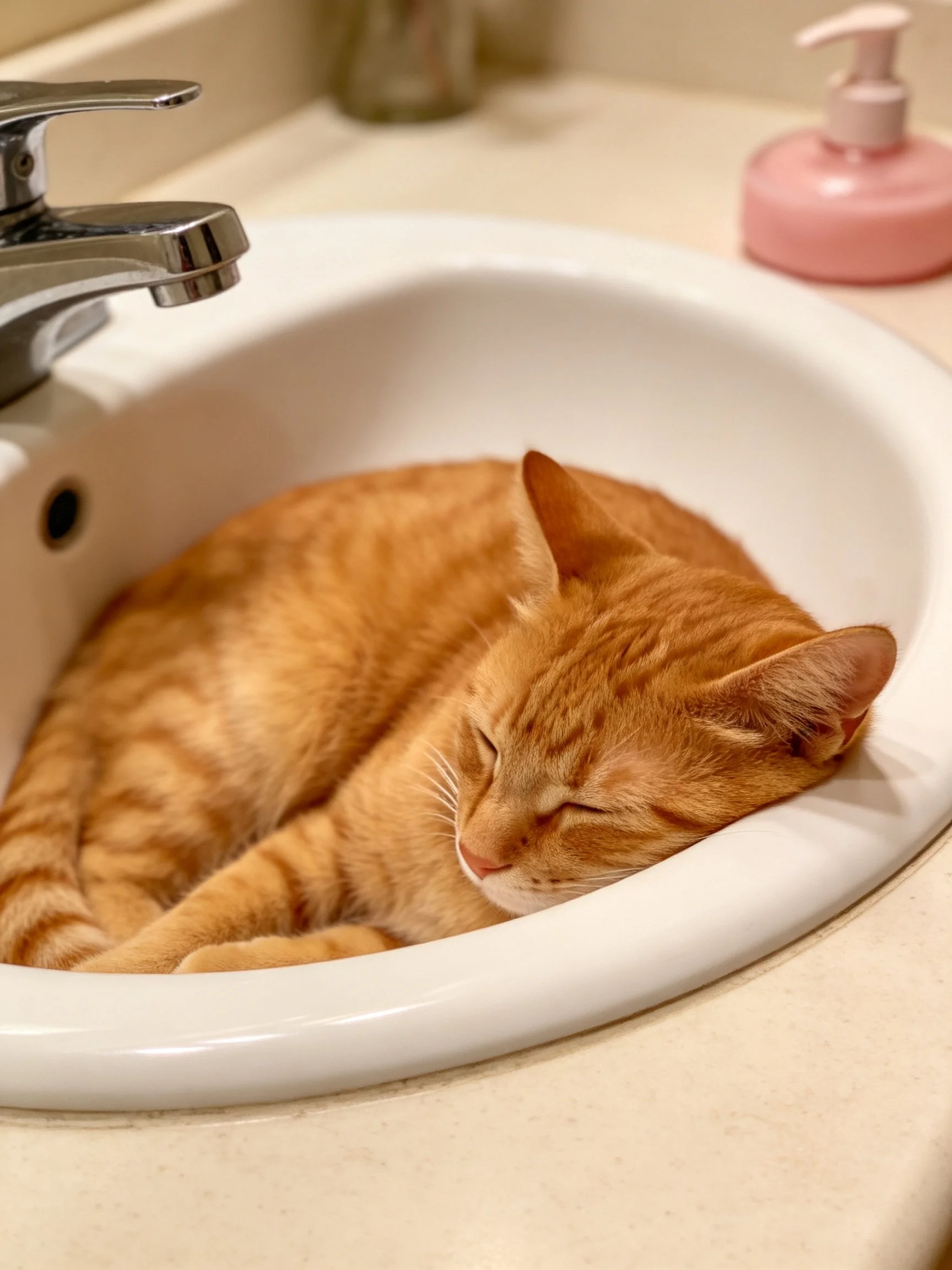 An orange tabby cat curled up in a white bathroom sink