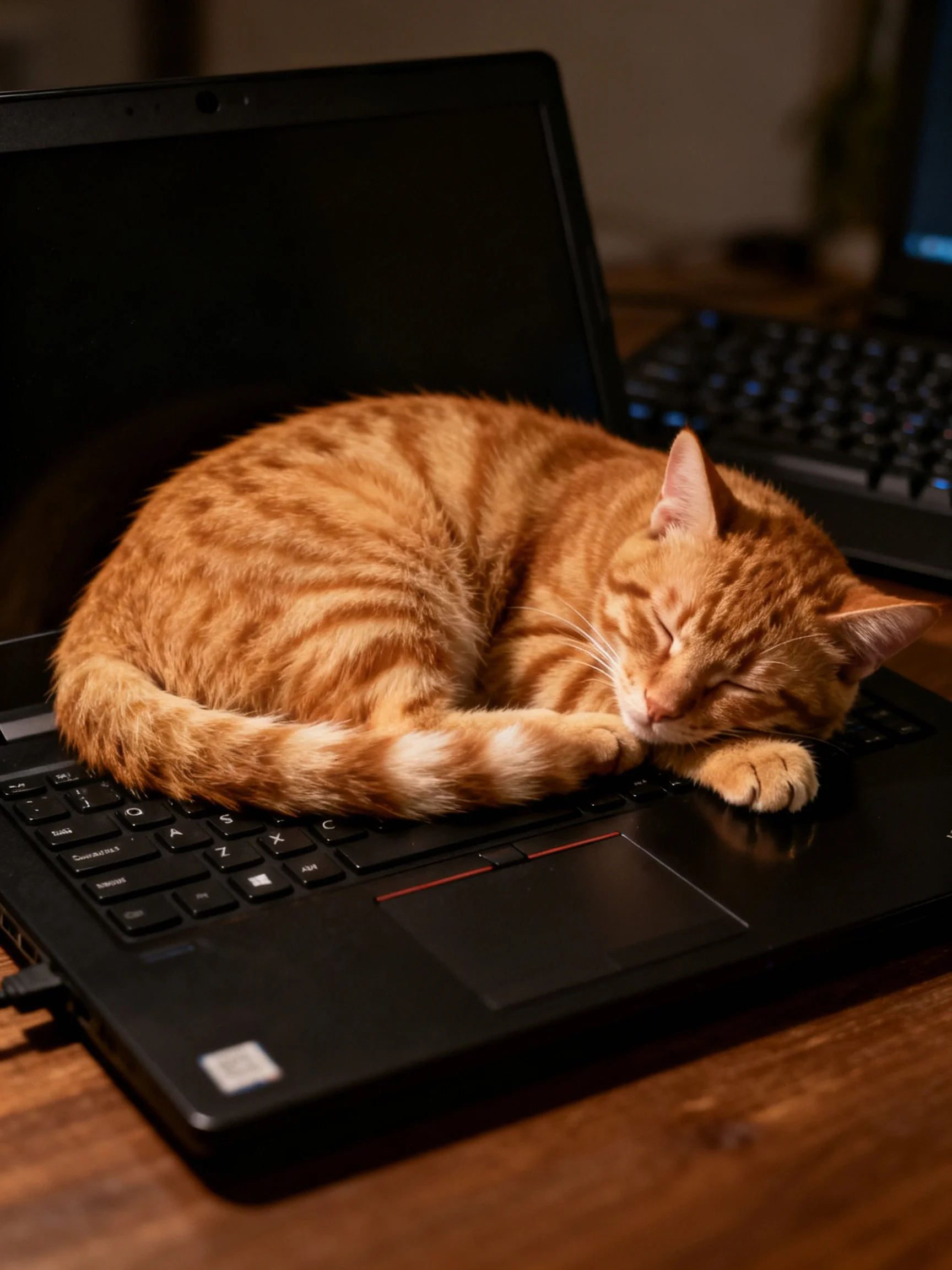 An orange tabby cat curls on a black laptop keyboard