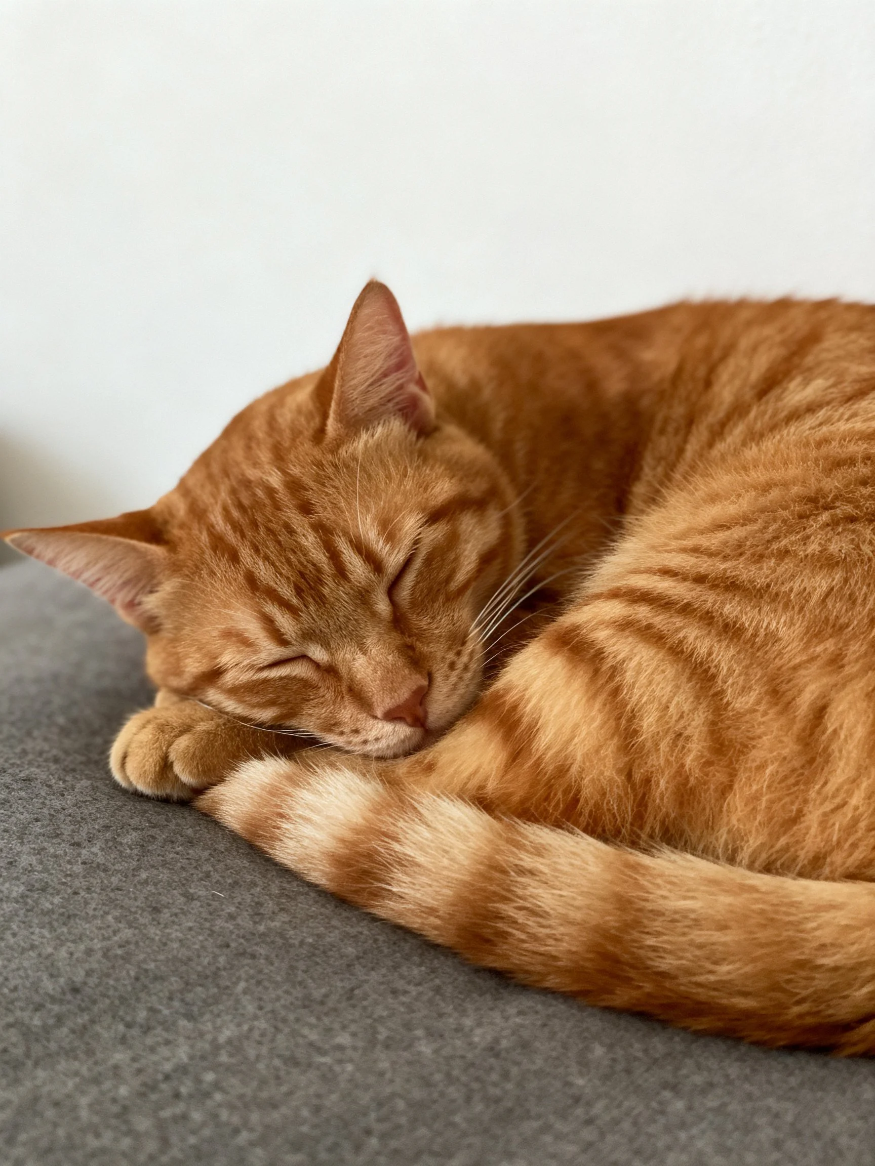 An orange tabby cat curls up for a peaceful nap on a gray surface