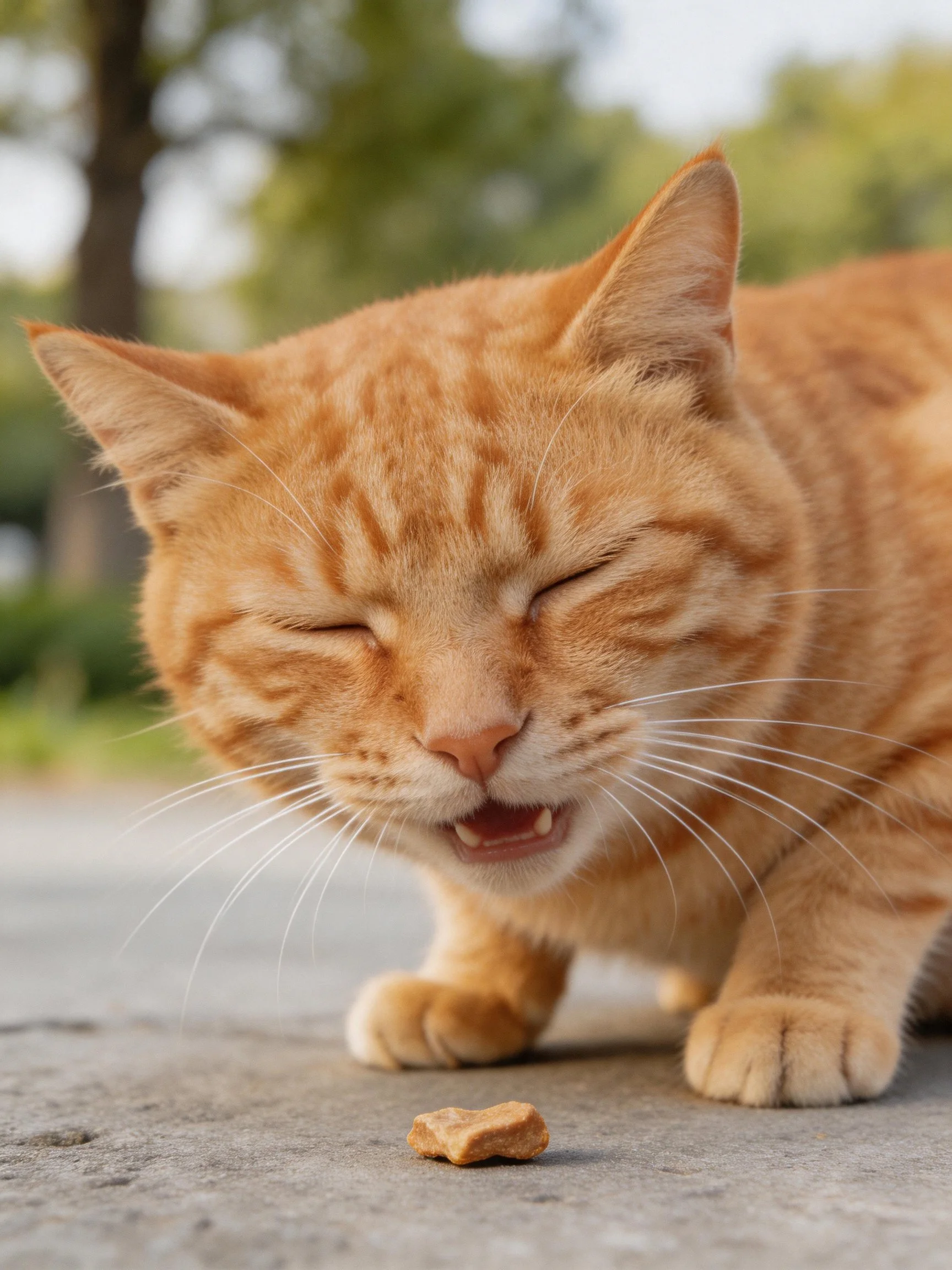 An orange tabby cat eating a treat on a concrete surface