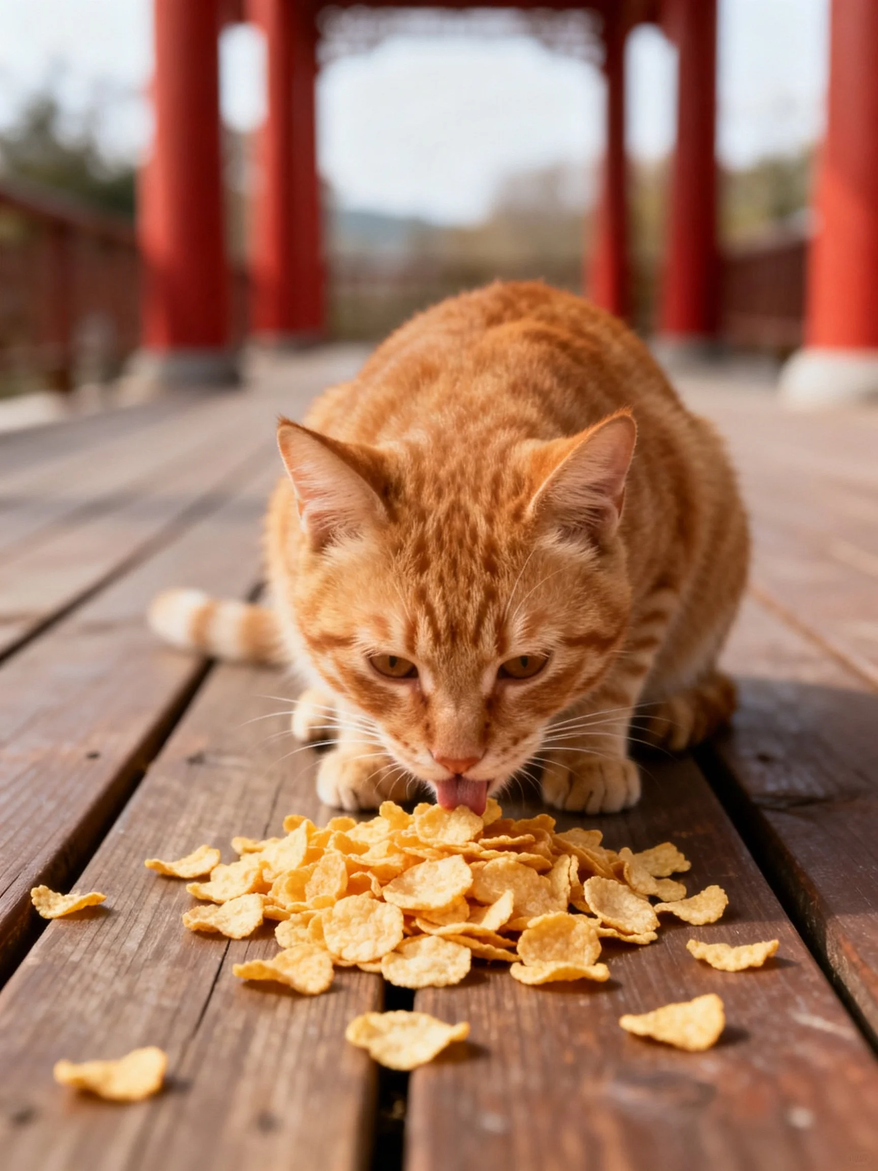 An orange tabby cat eats cornflakes on a wooden deck with red columns