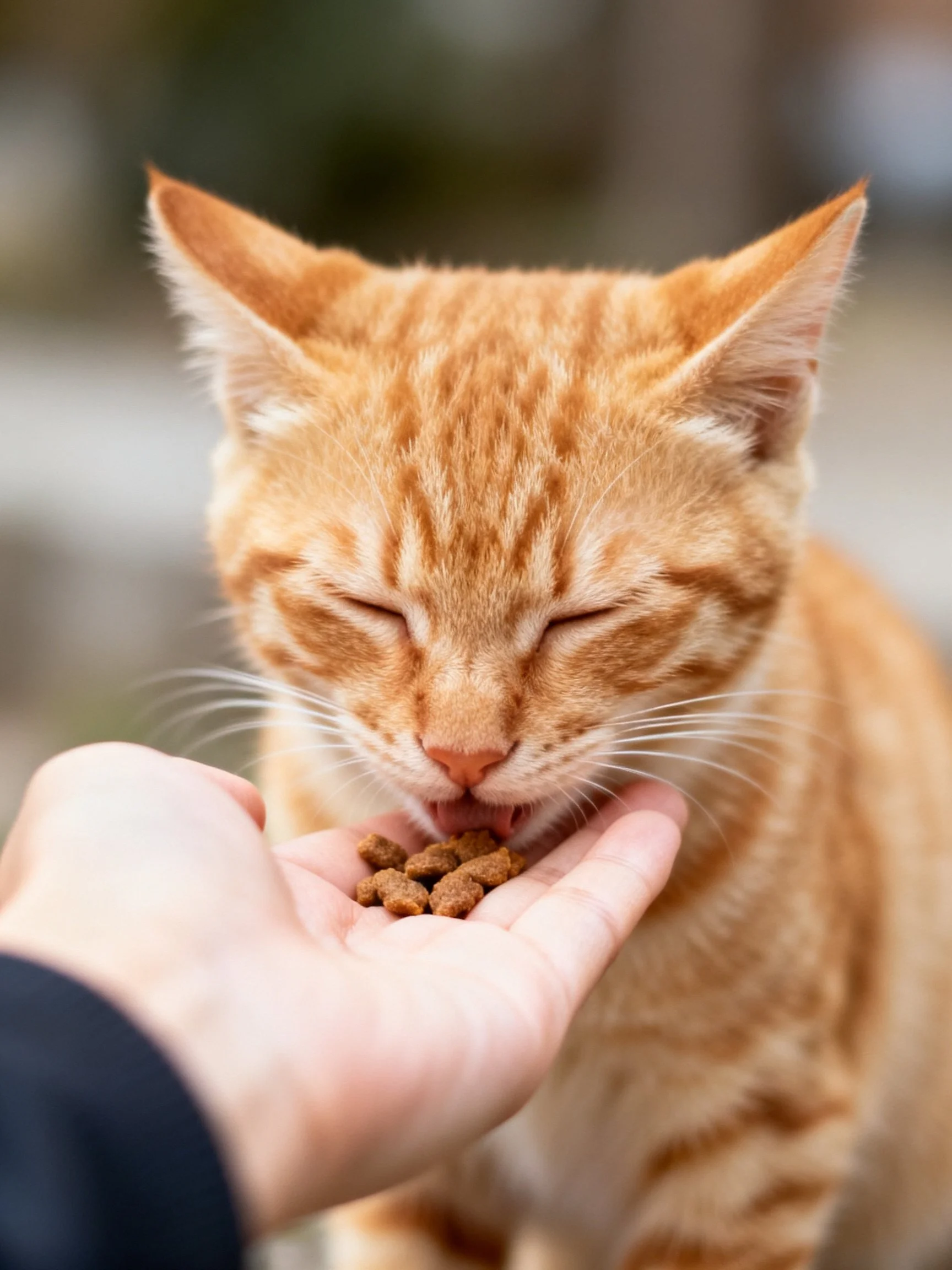 An orange tabby cat eats dry pet food from a human hand outdoors