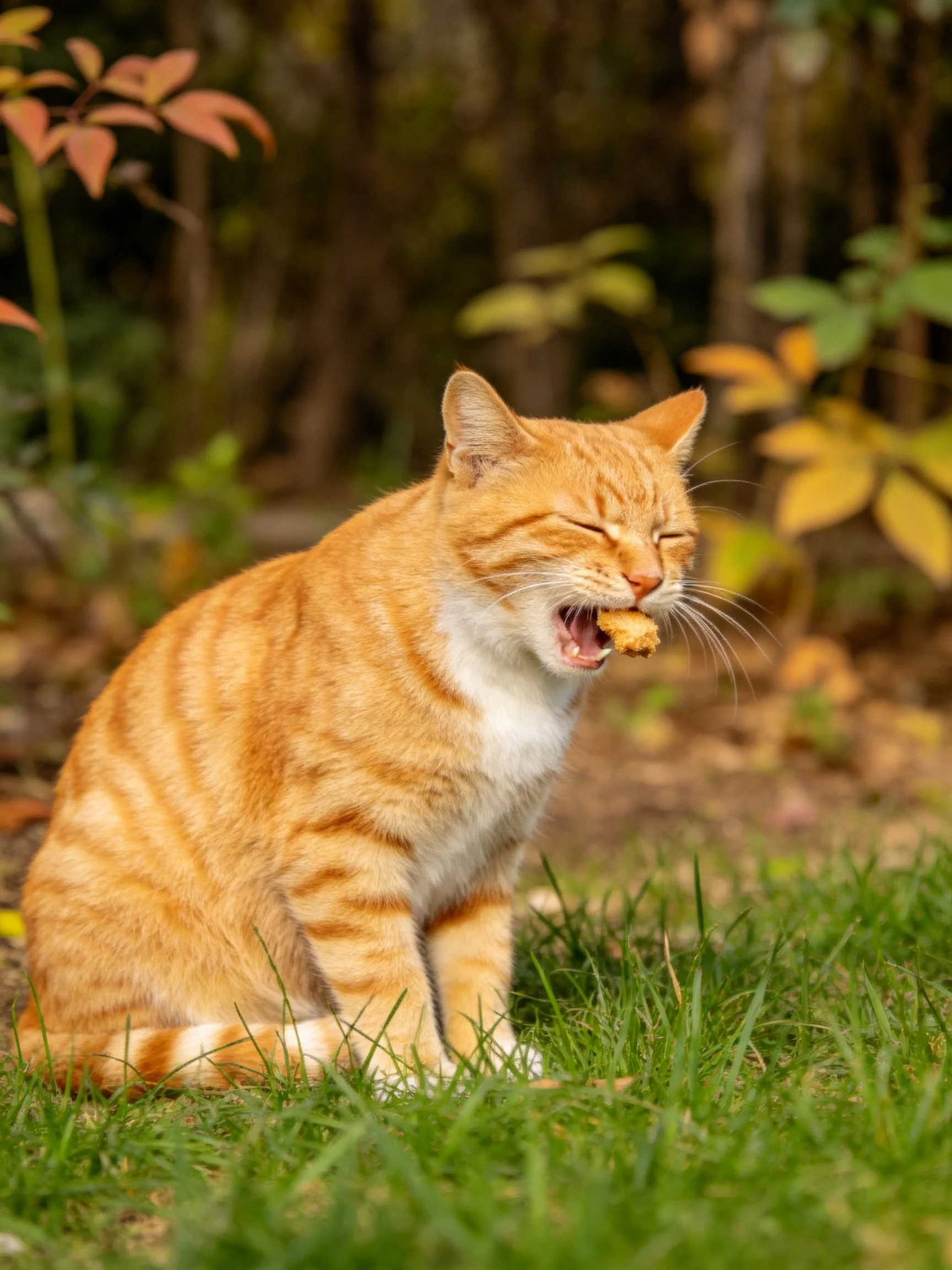 An orange tabby cat enjoys food in a grassy outdoor space