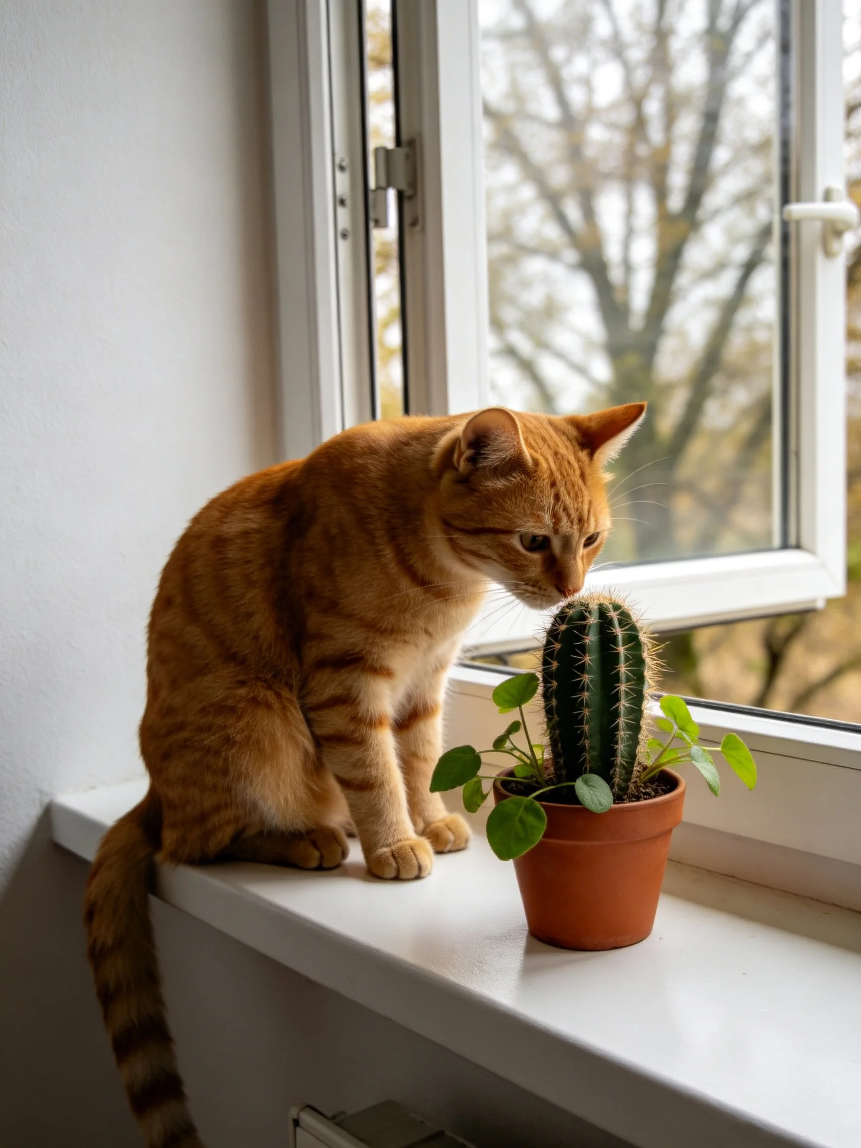 An orange tabby cat examines a potted cactus by an open window