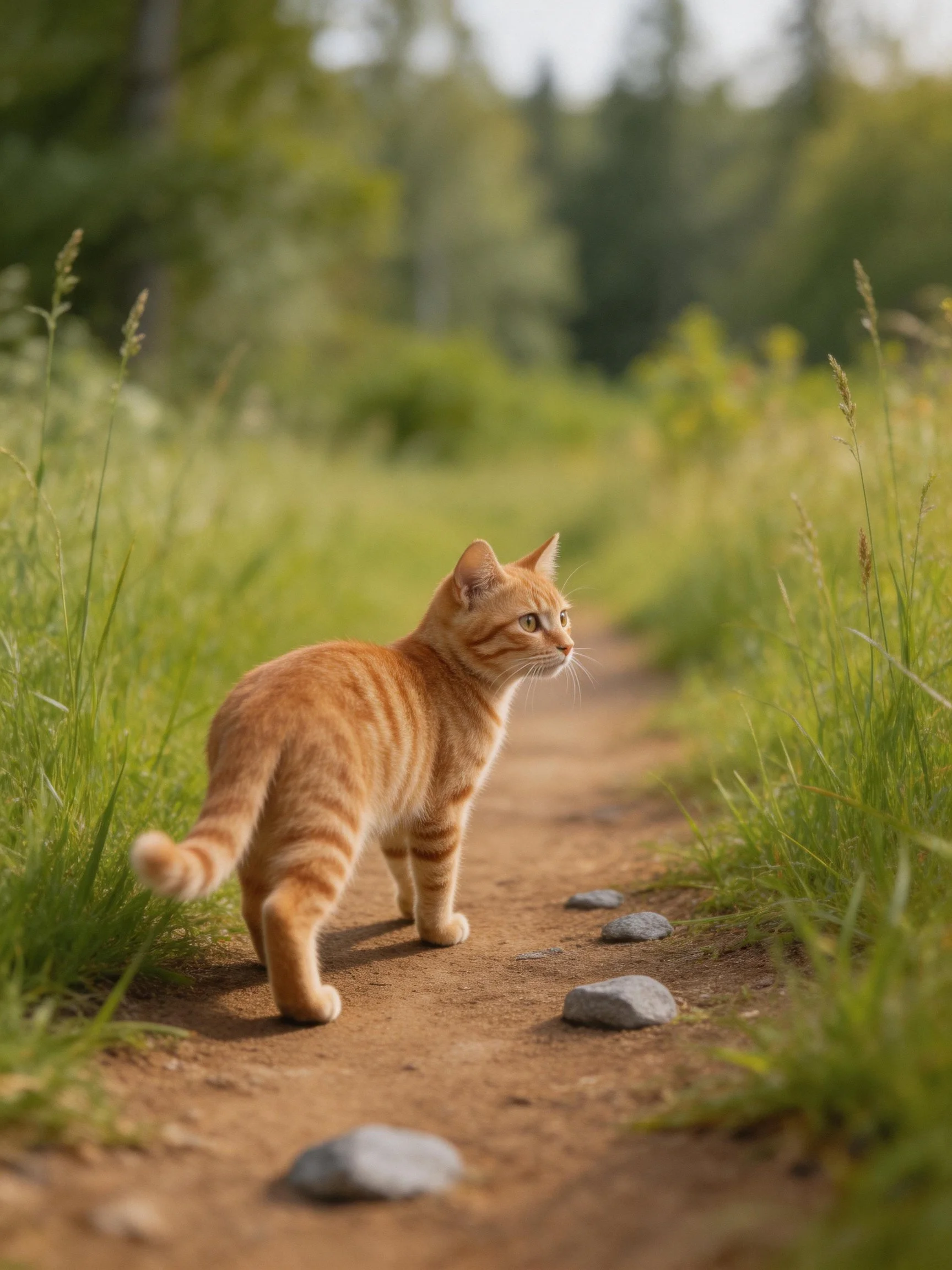 An orange tabby cat explores a grassy dirt path
