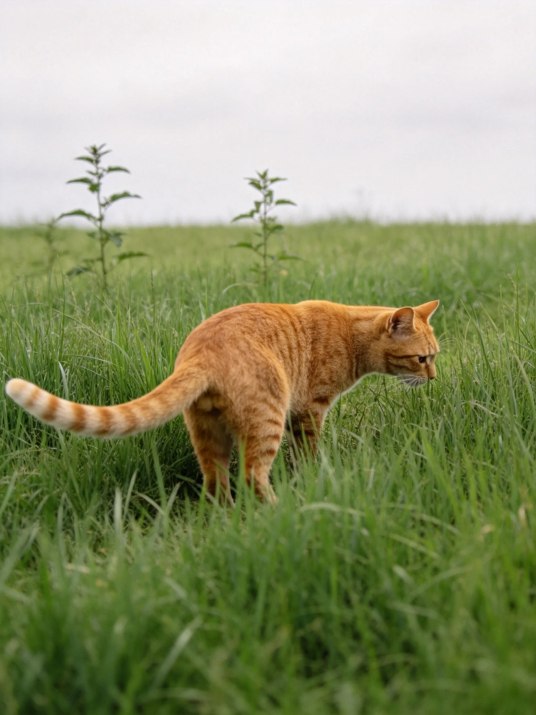 An orange tabby cat exploring a lush green meadow