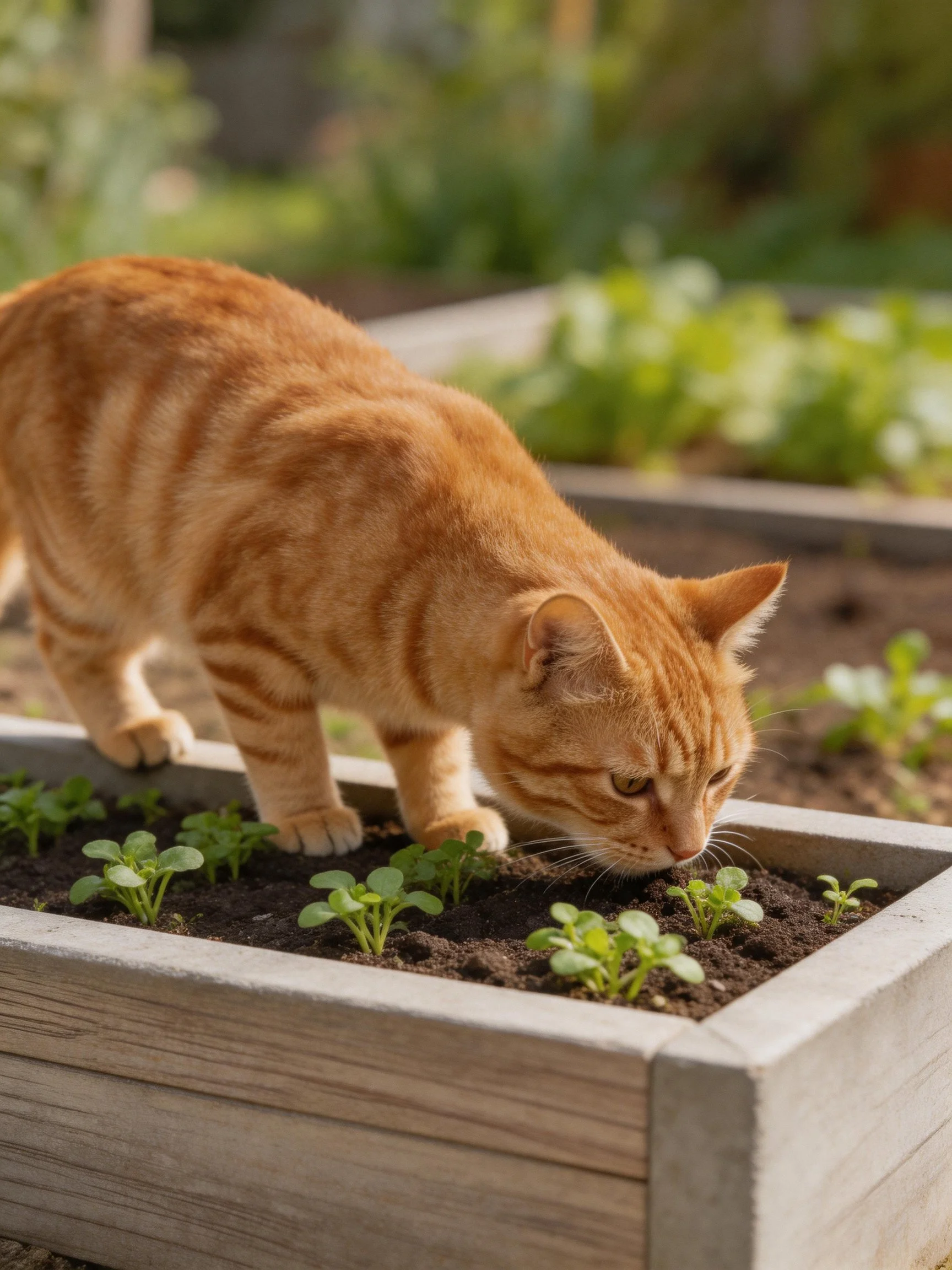 An orange tabby cat exploring a wooden raised garden bed with small green seedlings
