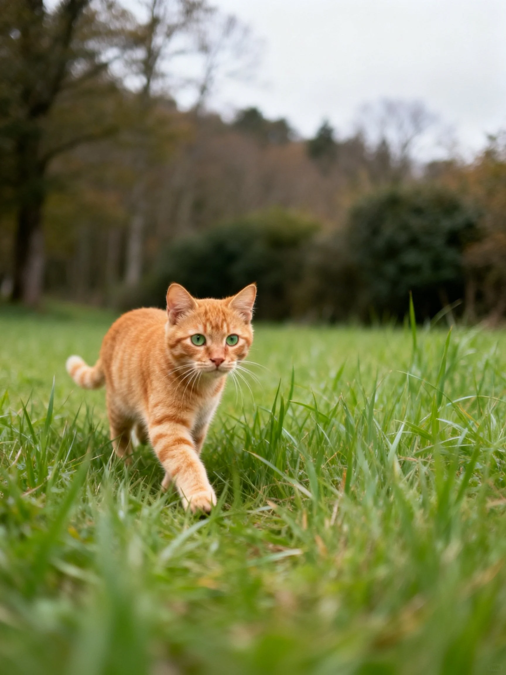 An orange tabby cat exploring lush green grass in a serene outdoor field