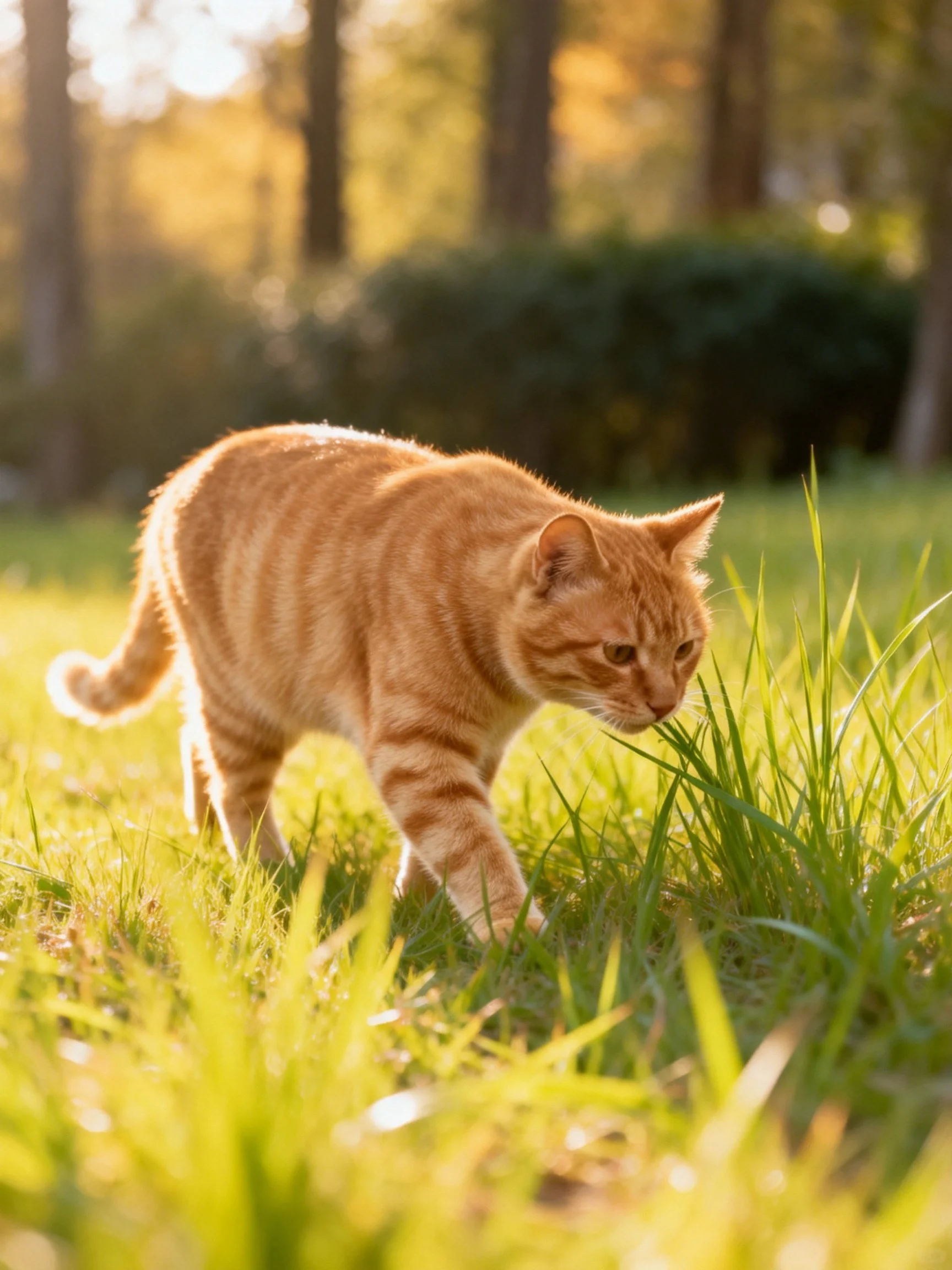 An orange tabby cat exploring lush green grass in golden sunlight
