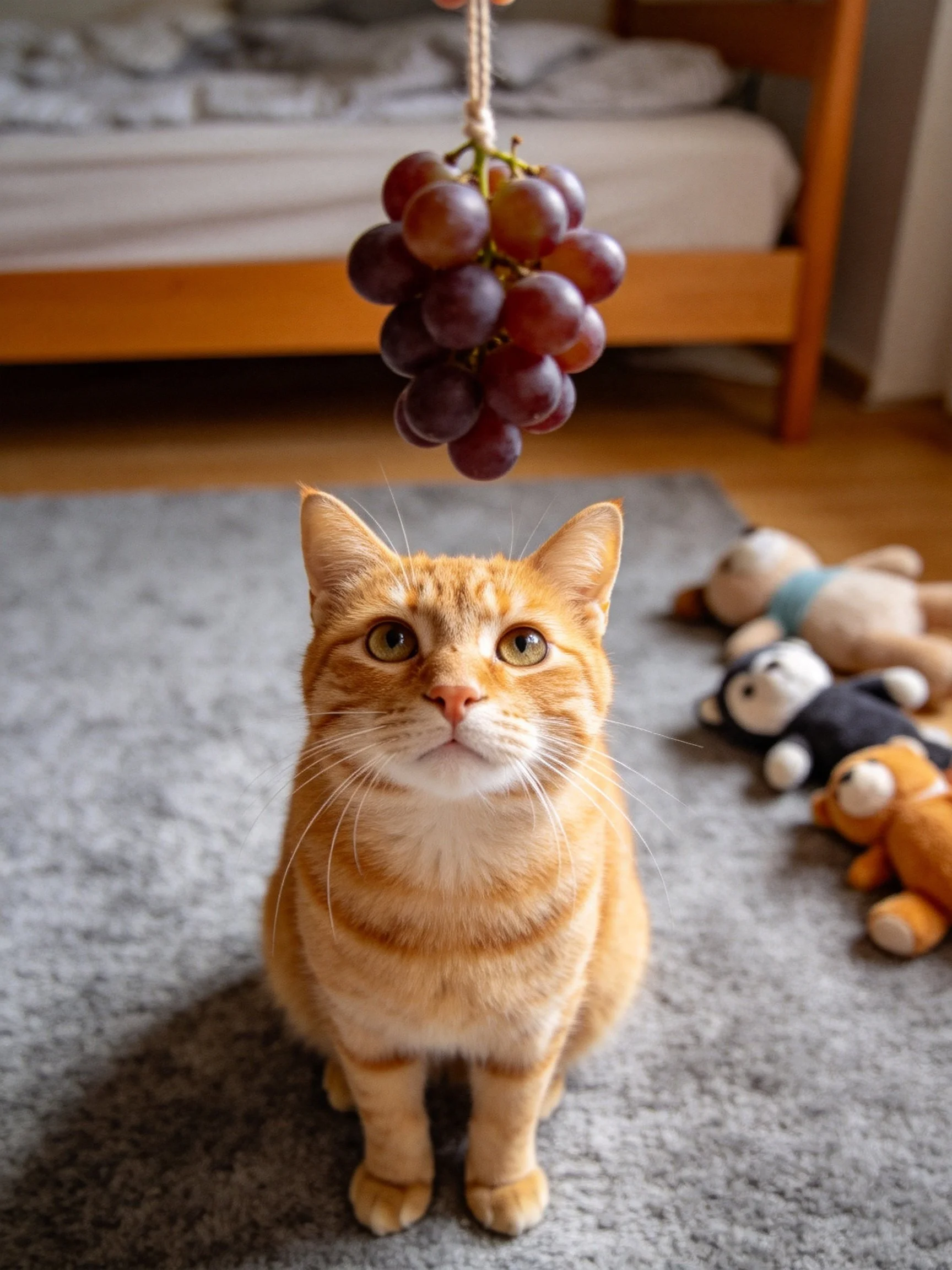 An orange tabby cat fixates on a hanging cluster of deep red-purple grapes.