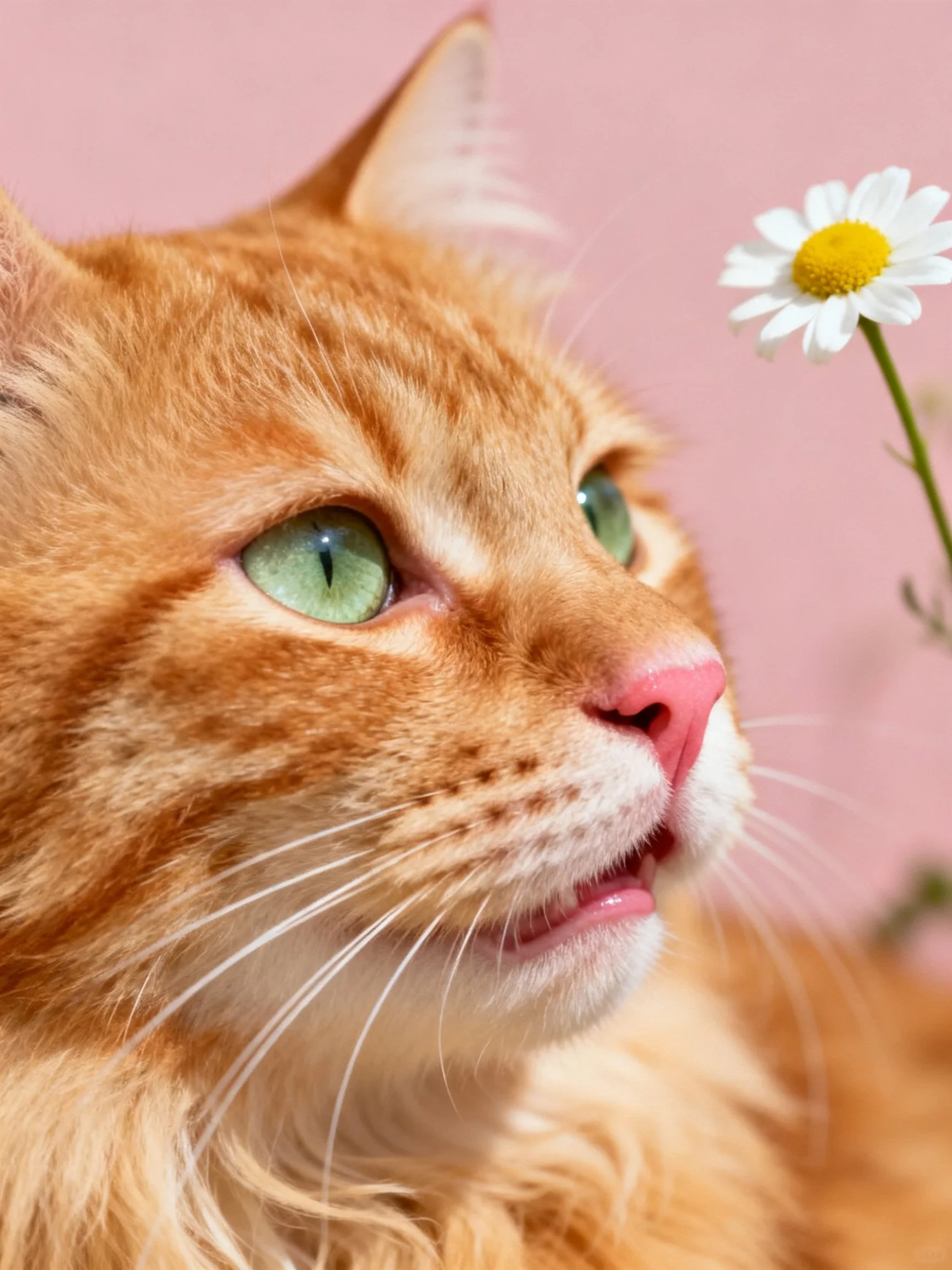 An orange tabby cat observes a white daisy near a soft pink surface.