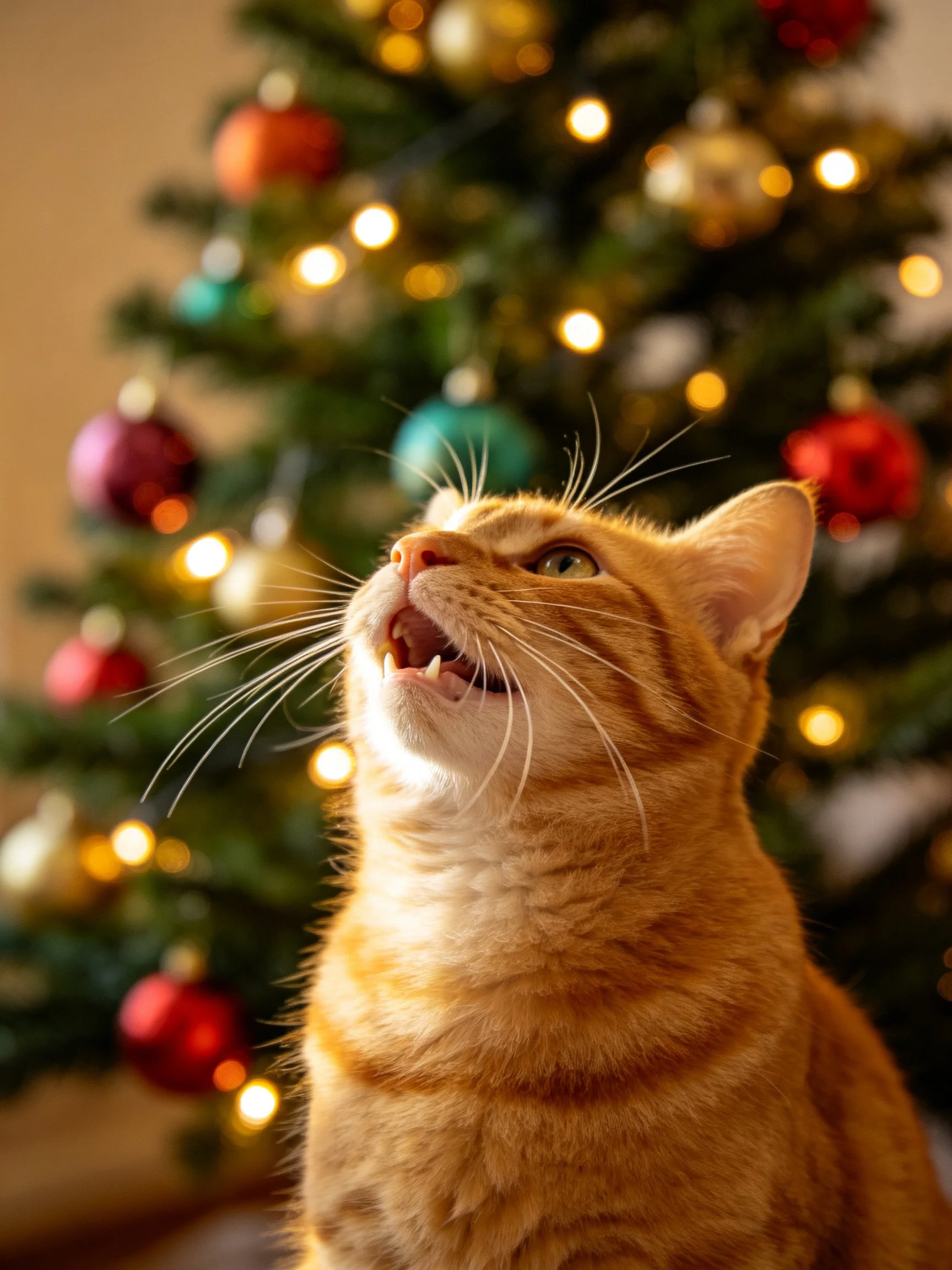 An orange tabby cat gazes upward near a decorated Christmas tree
