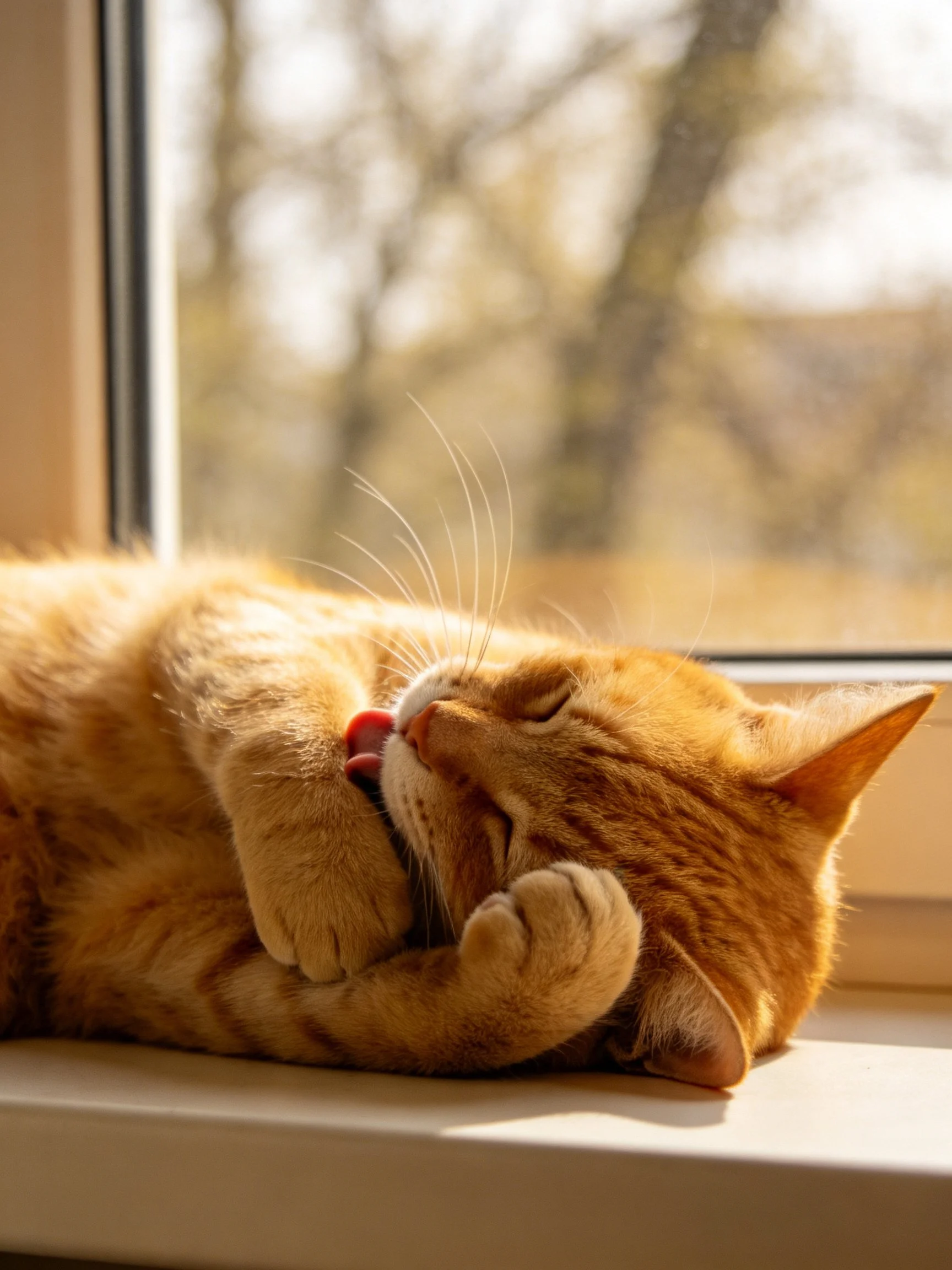 An orange tabby cat grooms by a sunlit window