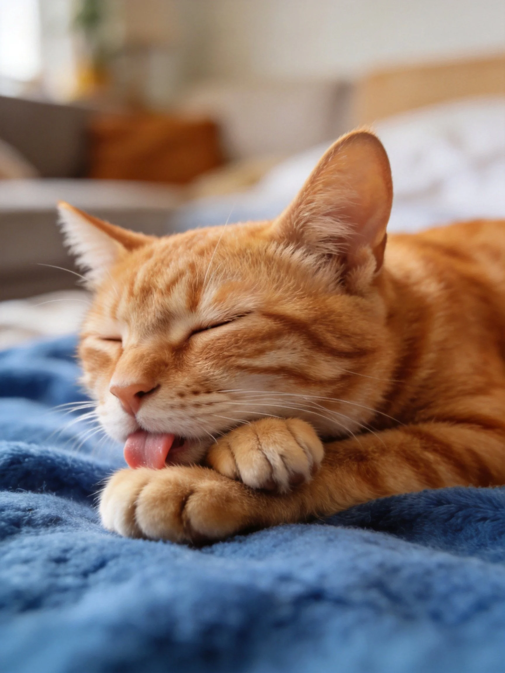 An orange tabby cat grooms itself on a soft blue blanket