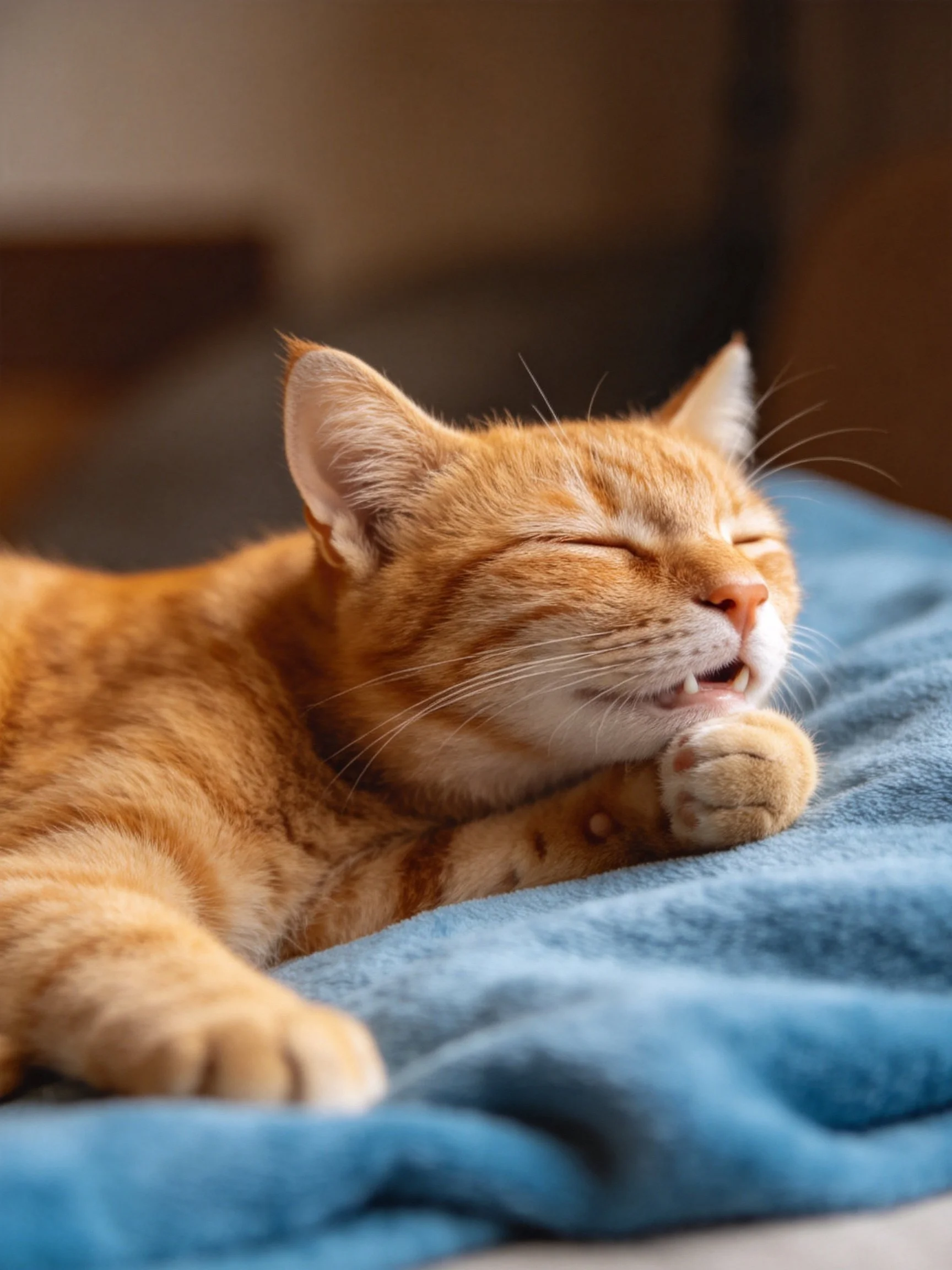 An orange tabby cat grooms itself on a soft blue blanket