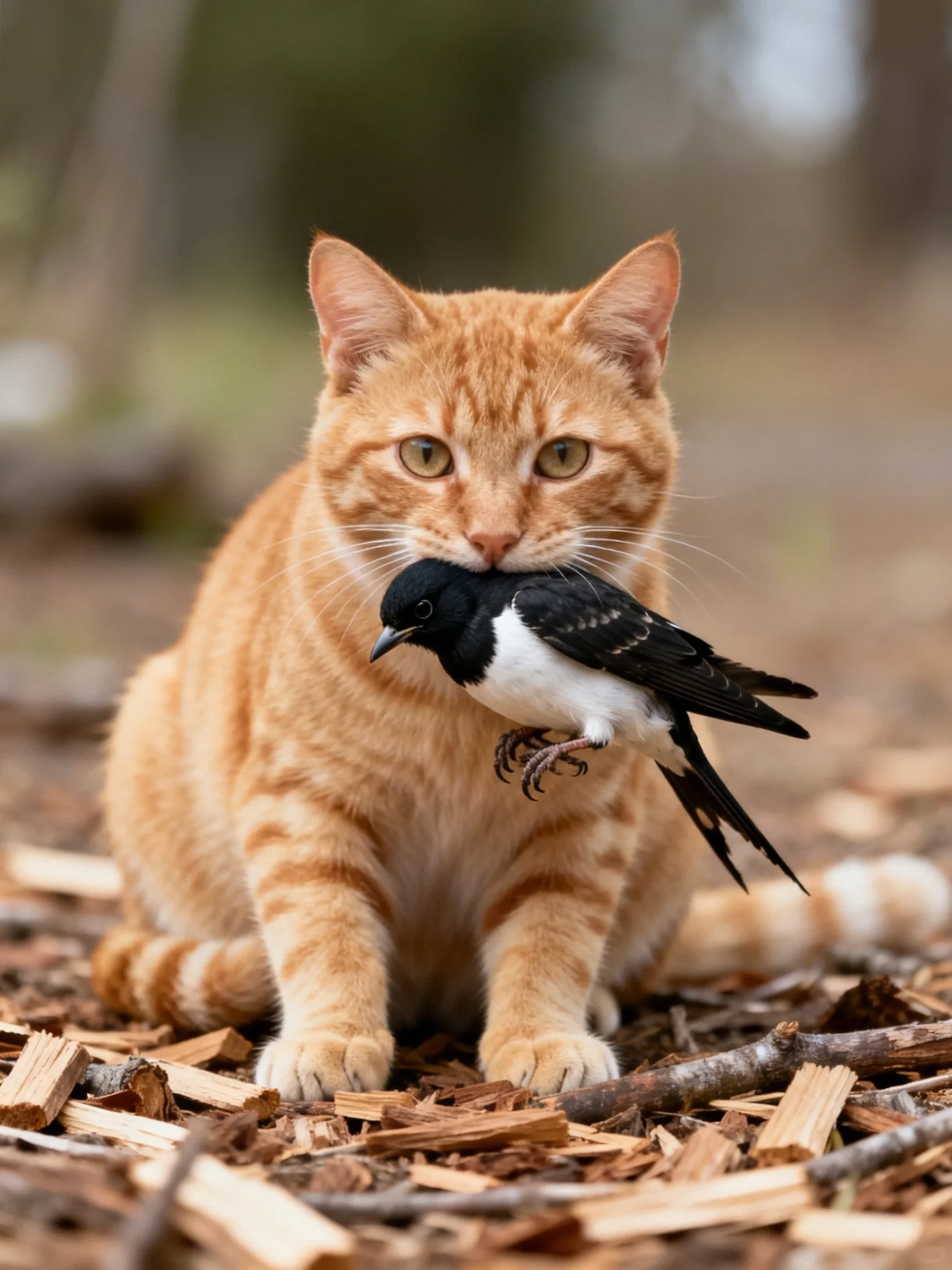 An orange tabby cat grips a black - white bird on wood chips