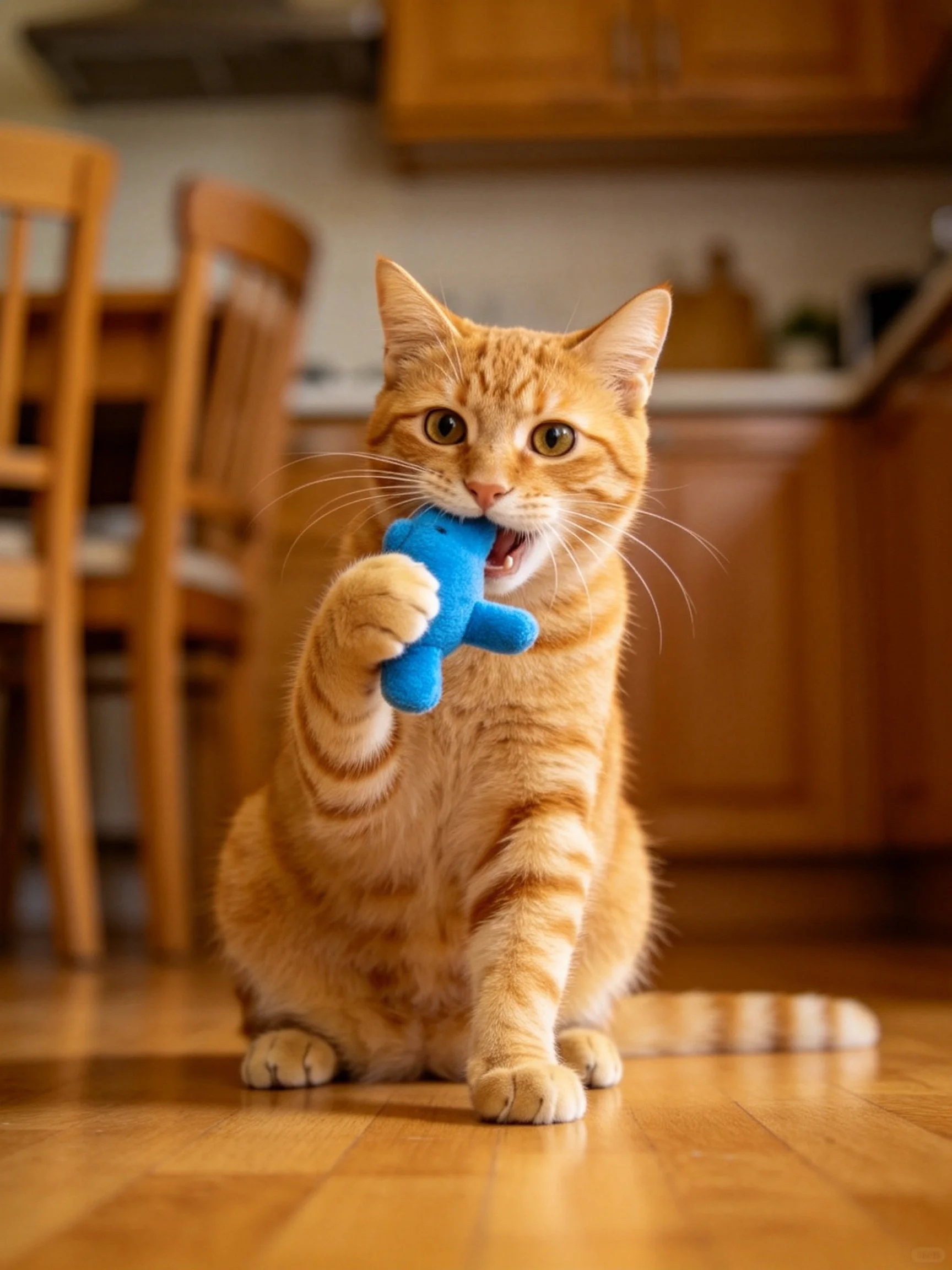 An orange tabby cat plays with a blue plush toy inside a home