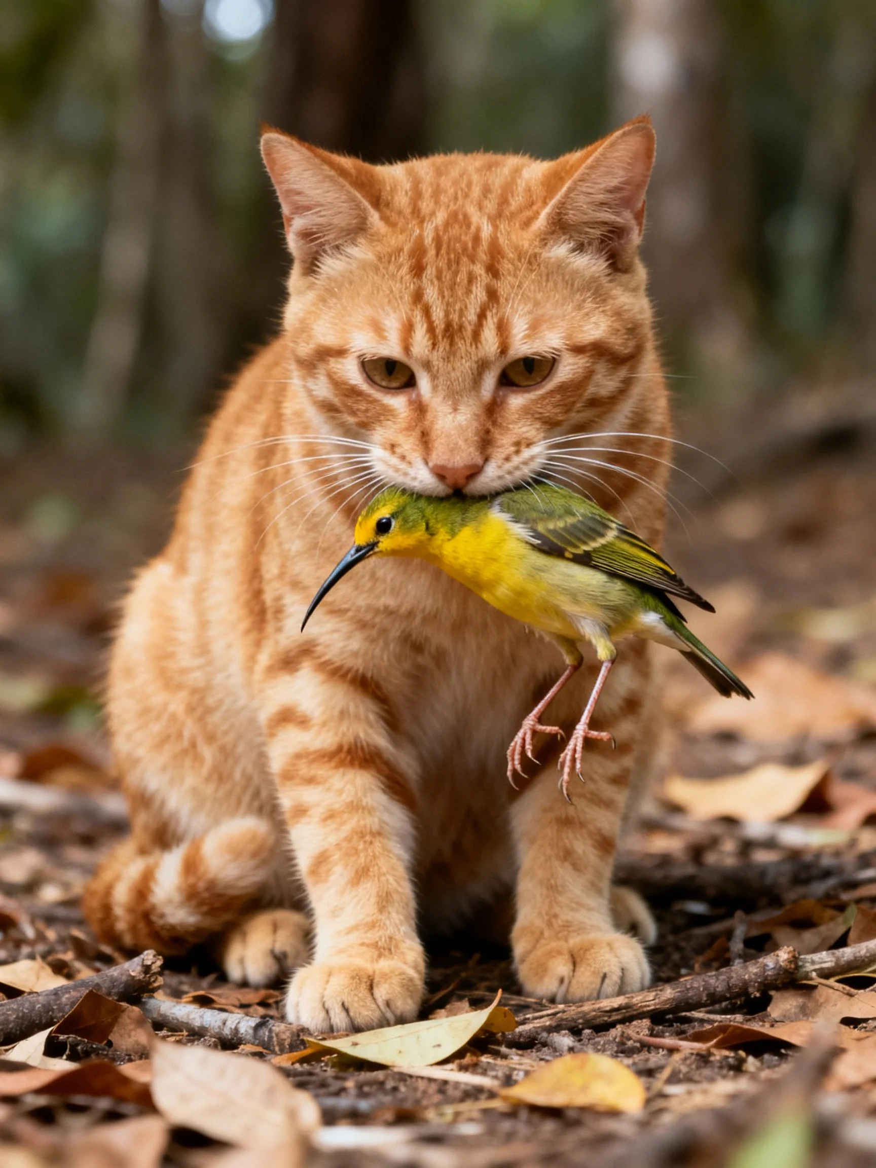 An orange tabby cat holds a small yellow-green bird in a leaf-strewn outdoor setting.