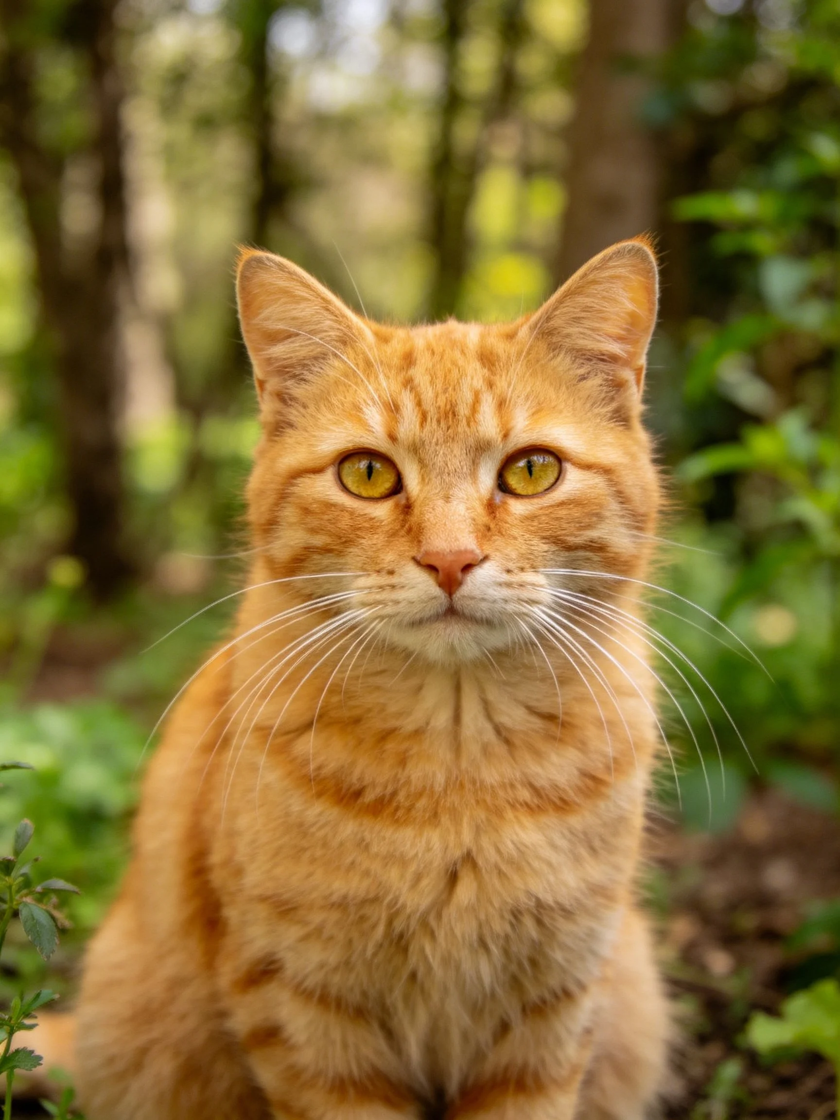 An orange tabby cat is featured in a sunlit forest environment