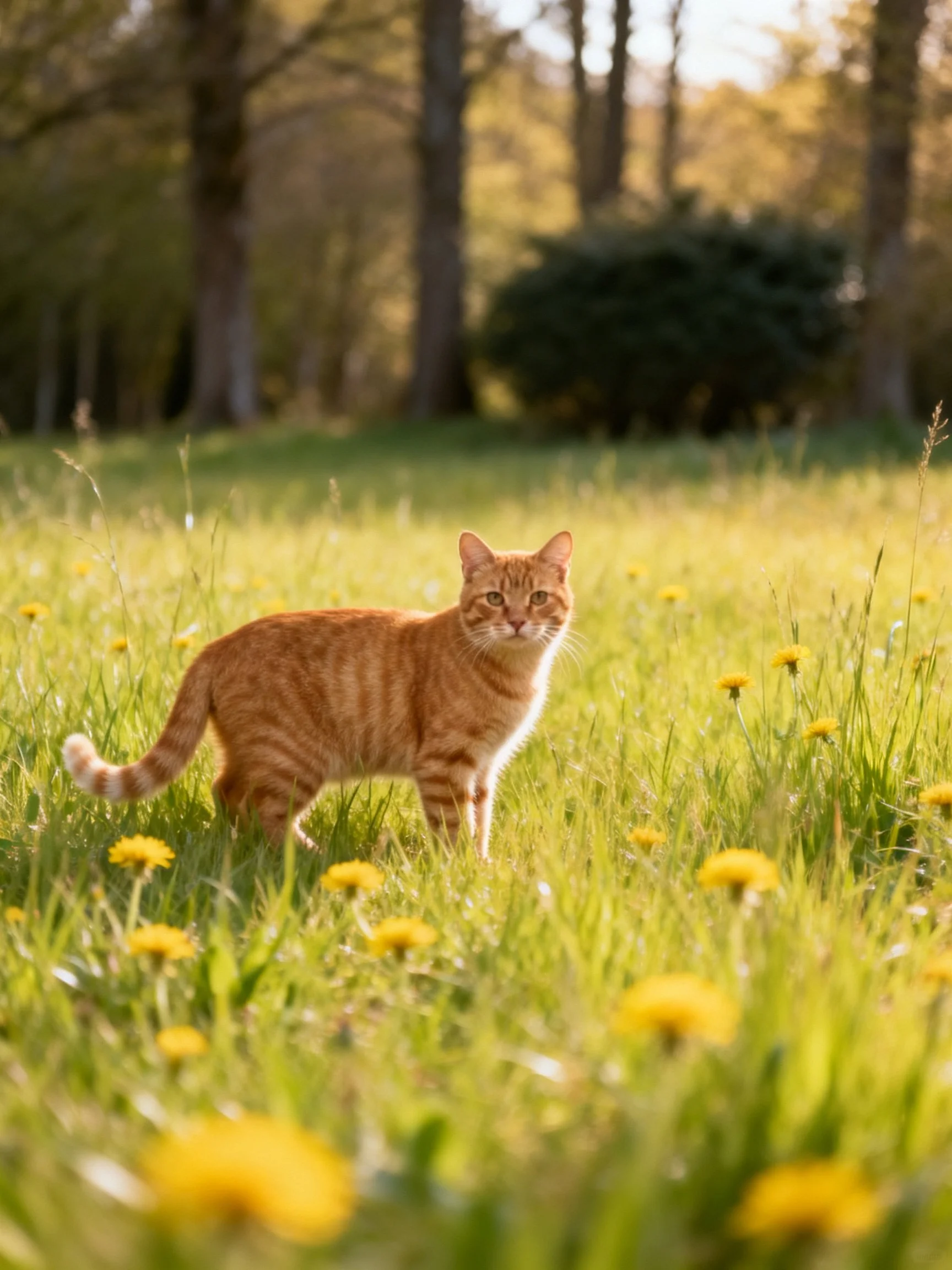 An orange tabby cat in a sunlit meadow with yellow flowers