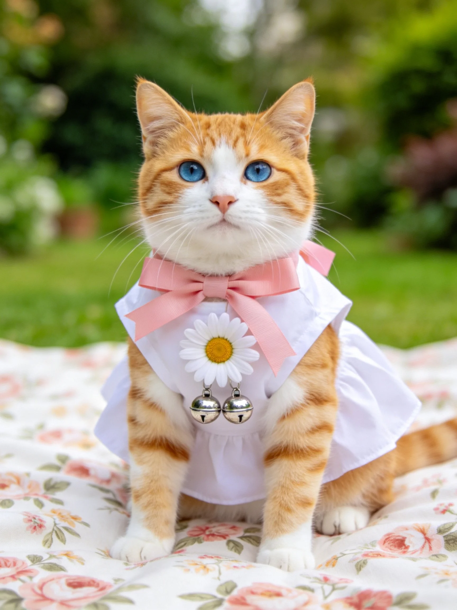 An orange tabby cat in a white dress with pink bow and daisy outdoors