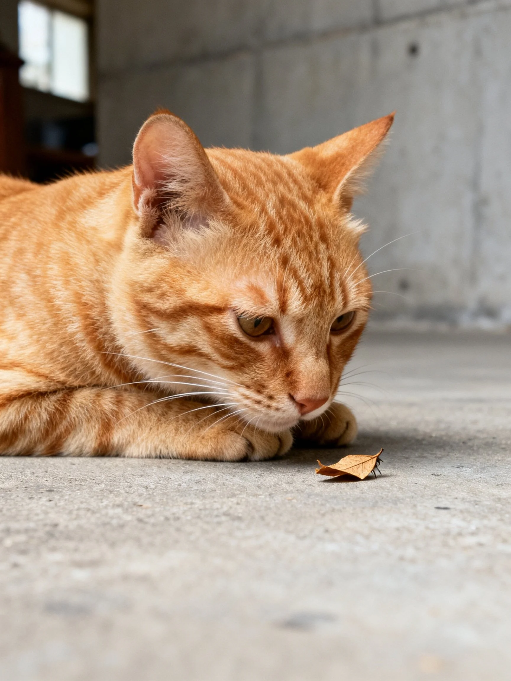 An orange tabby cat intently observes a small leaf - shaped object