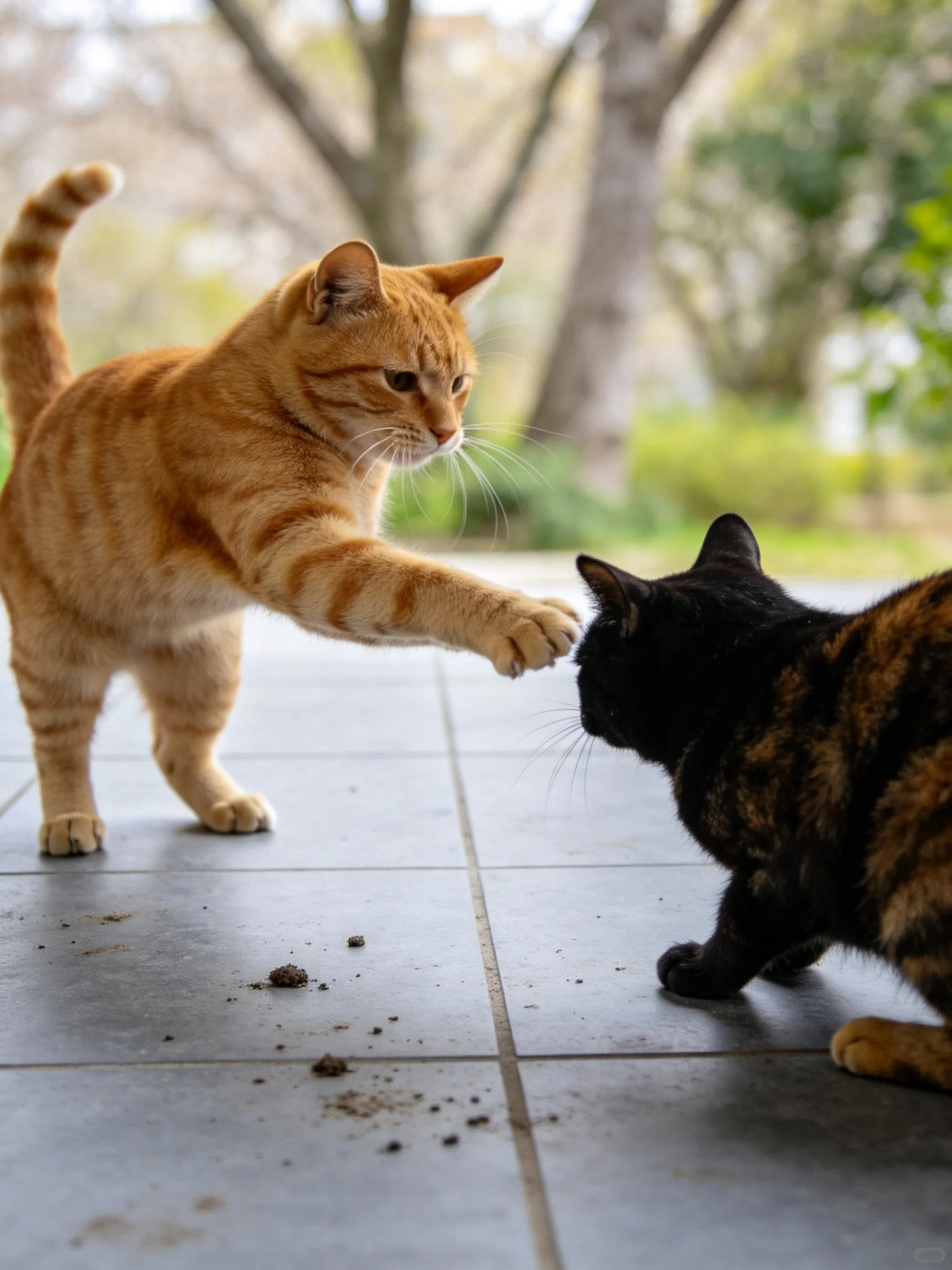 An orange tabby cat interacts with a tortoiseshell cat on tiled flooring