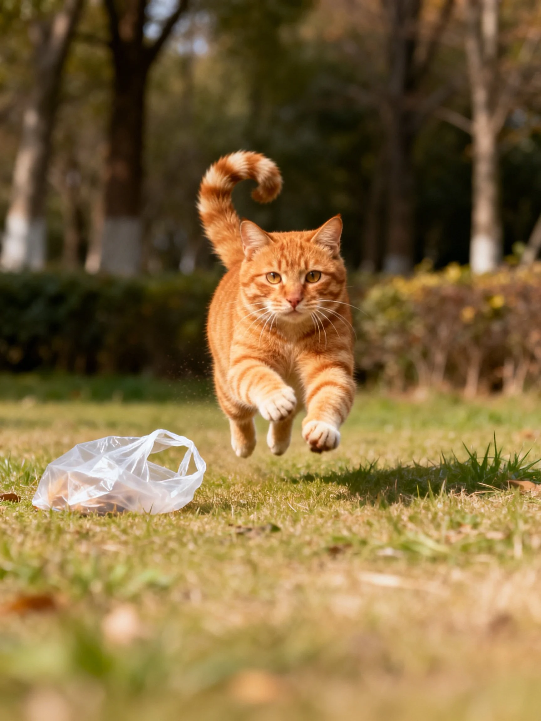 An orange tabby cat leaps toward a plastic bag in a sunlit park