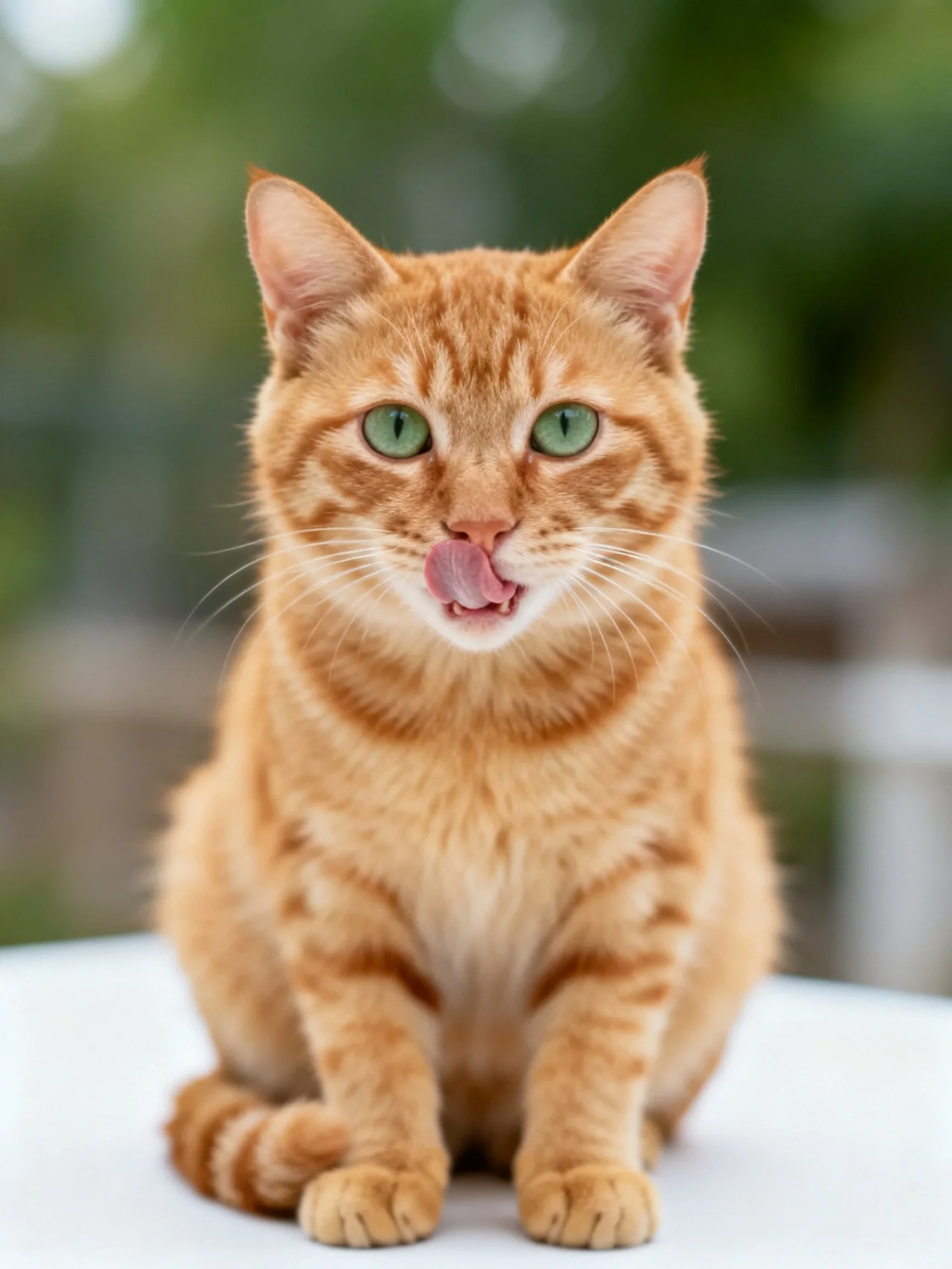 An orange tabby cat licks its lips on a white surface with a blurred green background