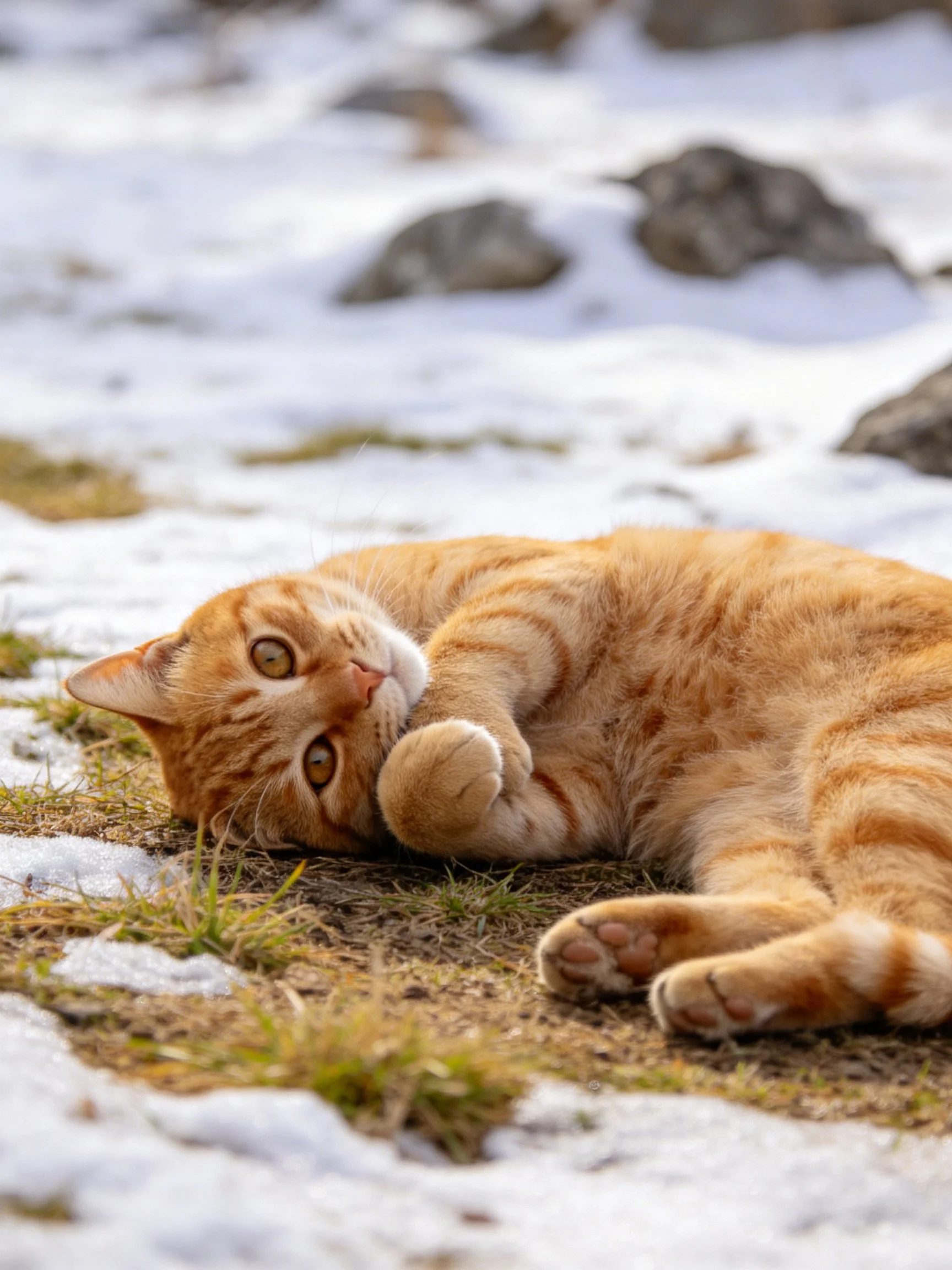 An orange tabby cat lies on partially snow-covered ground