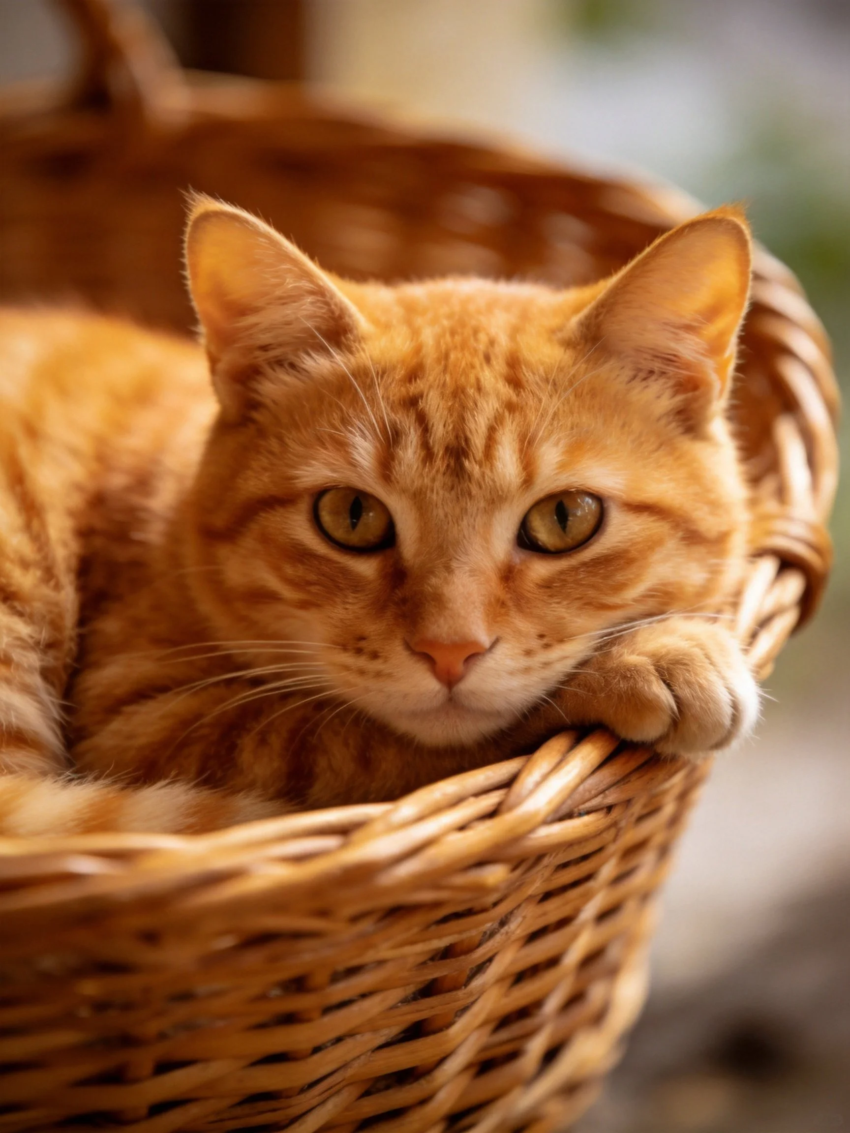 An orange tabby cat relaxes inside a woven wicker basket.