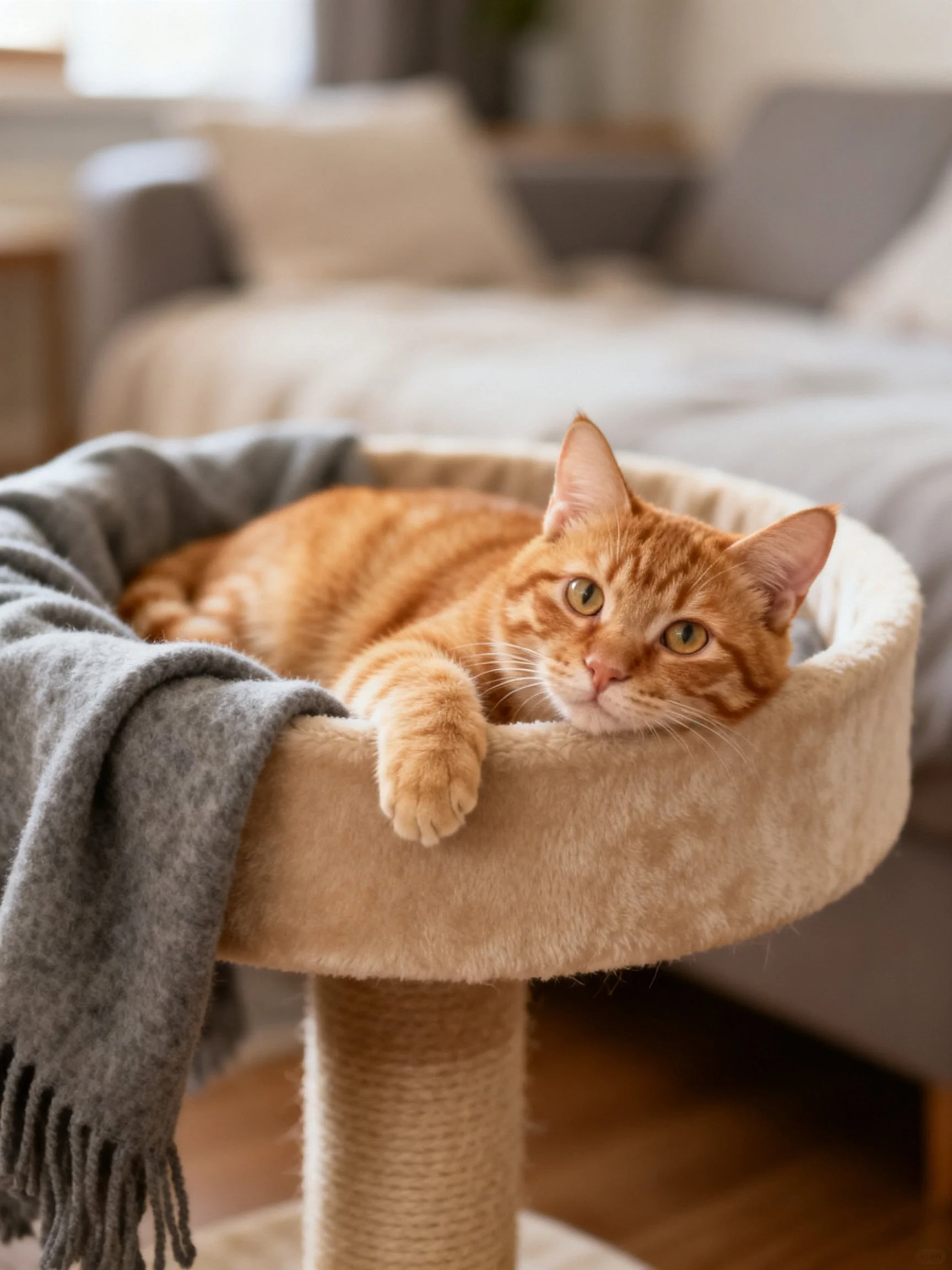 An orange tabby cat relaxes on a cat bed with a gray blanket in a cozy indoor setting.