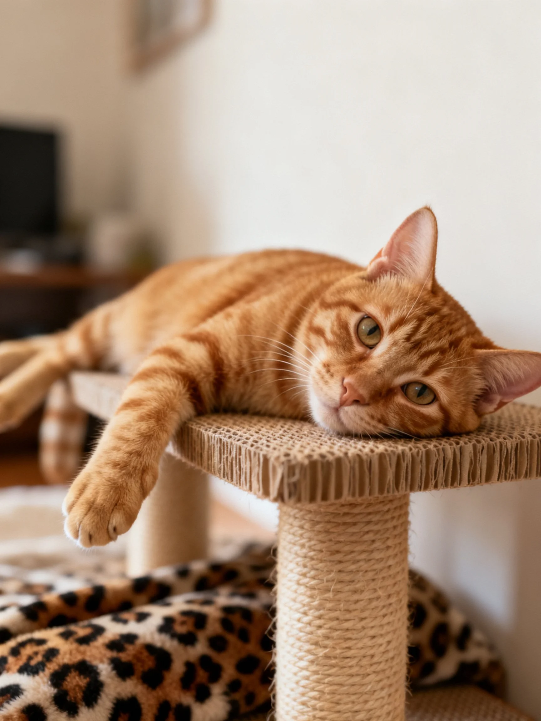 An orange tabby cat relaxes on a cardboard scratching post beside leopard-patterned fabric.