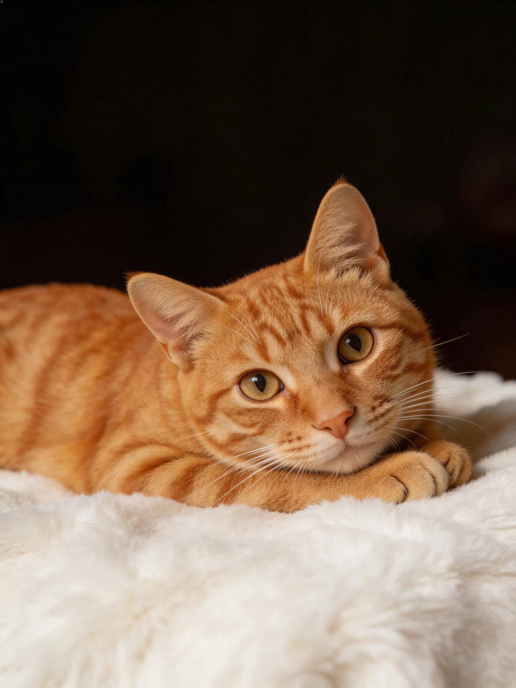 An orange tabby cat lounges on a fluffy white blanket against a dark backdrop.