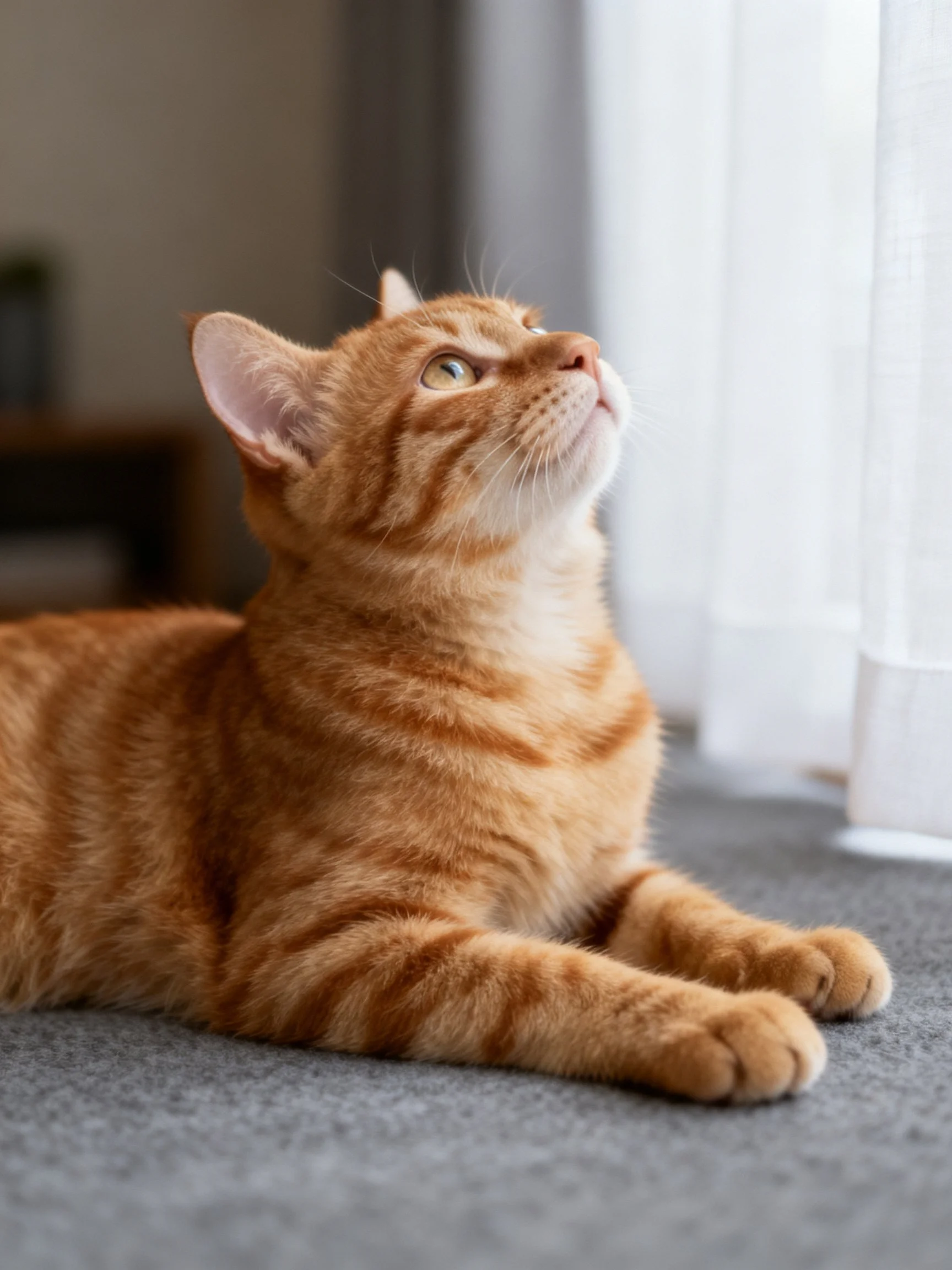 An orange tabby cat relaxes on a gray carpet beside a bright window