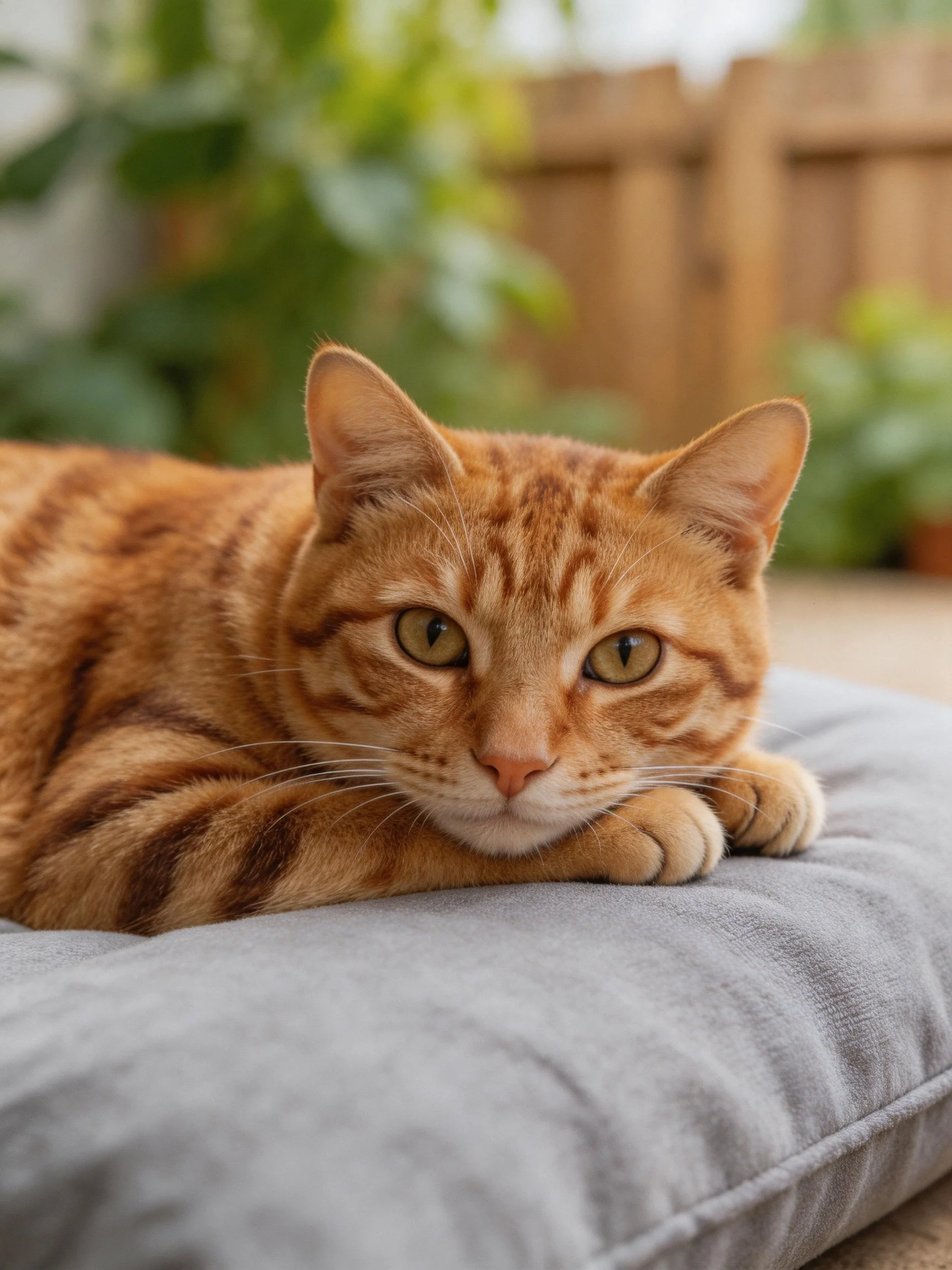 An orange tabby cat relaxes on a gray cushion in an outdoor setting with greenery and a wooden fence.