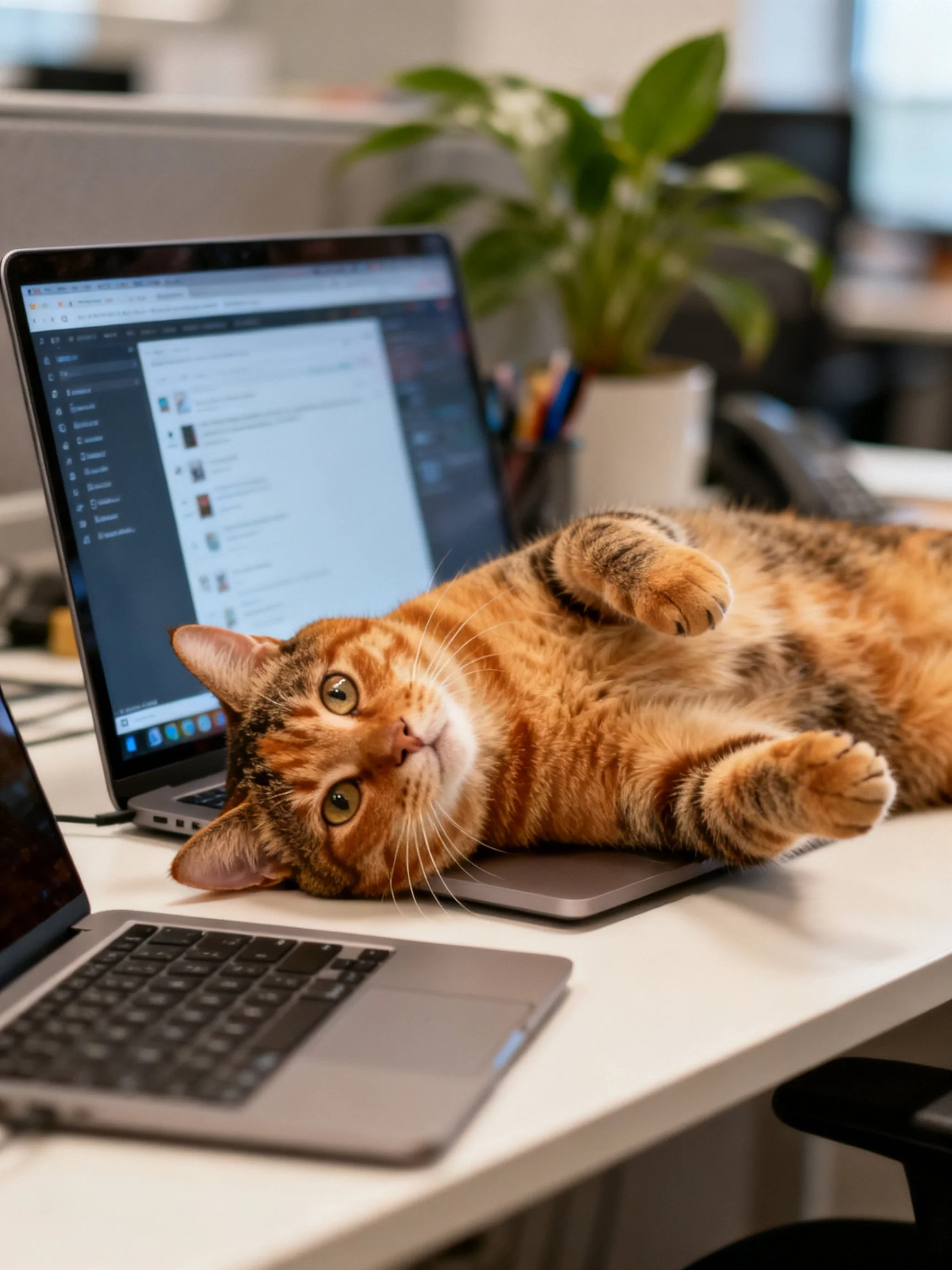 An orange tabby cat lounges on a laptop keyboard near two open laptops